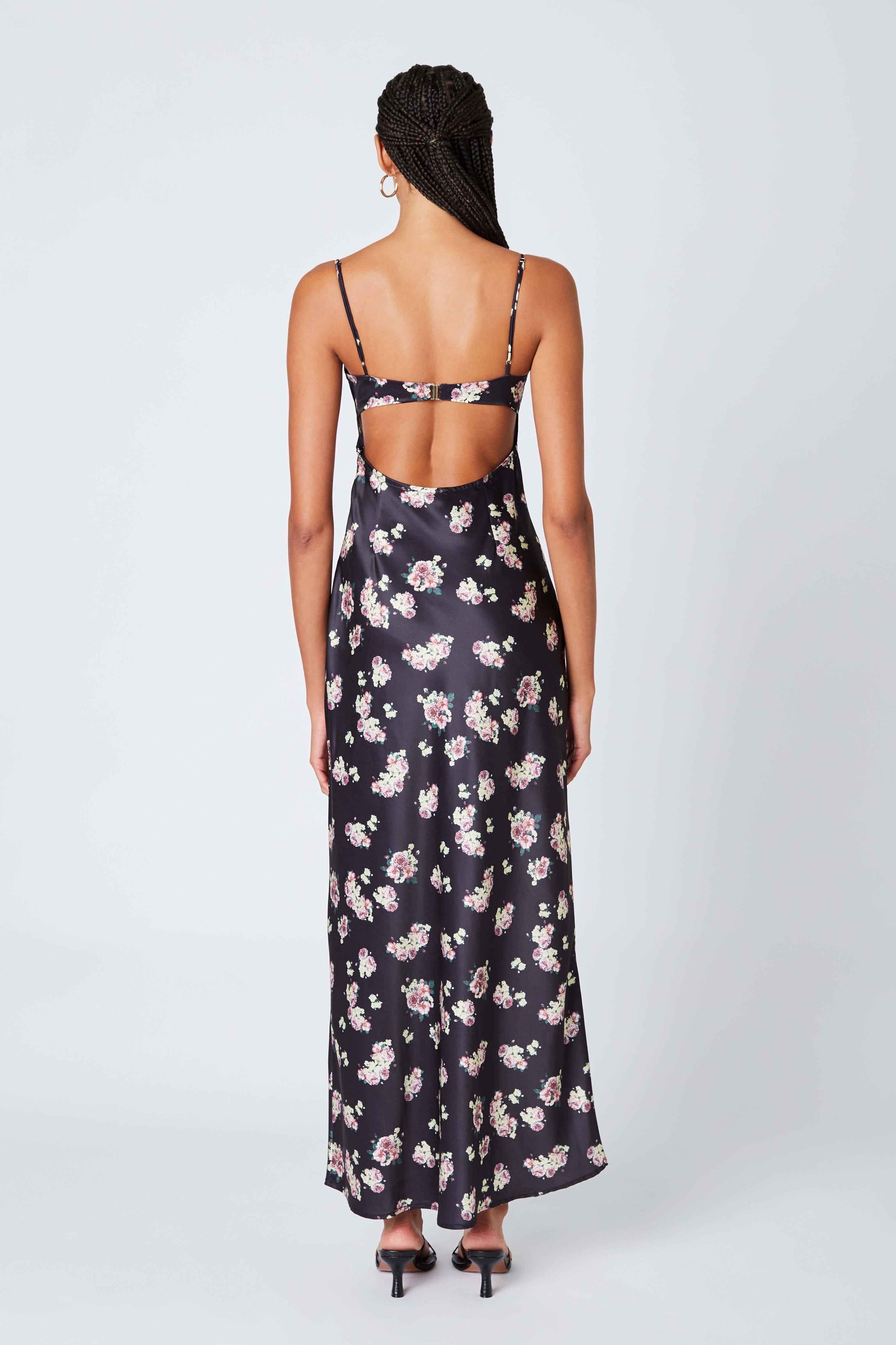 Corset Floral Maxi Dress in Black Back View