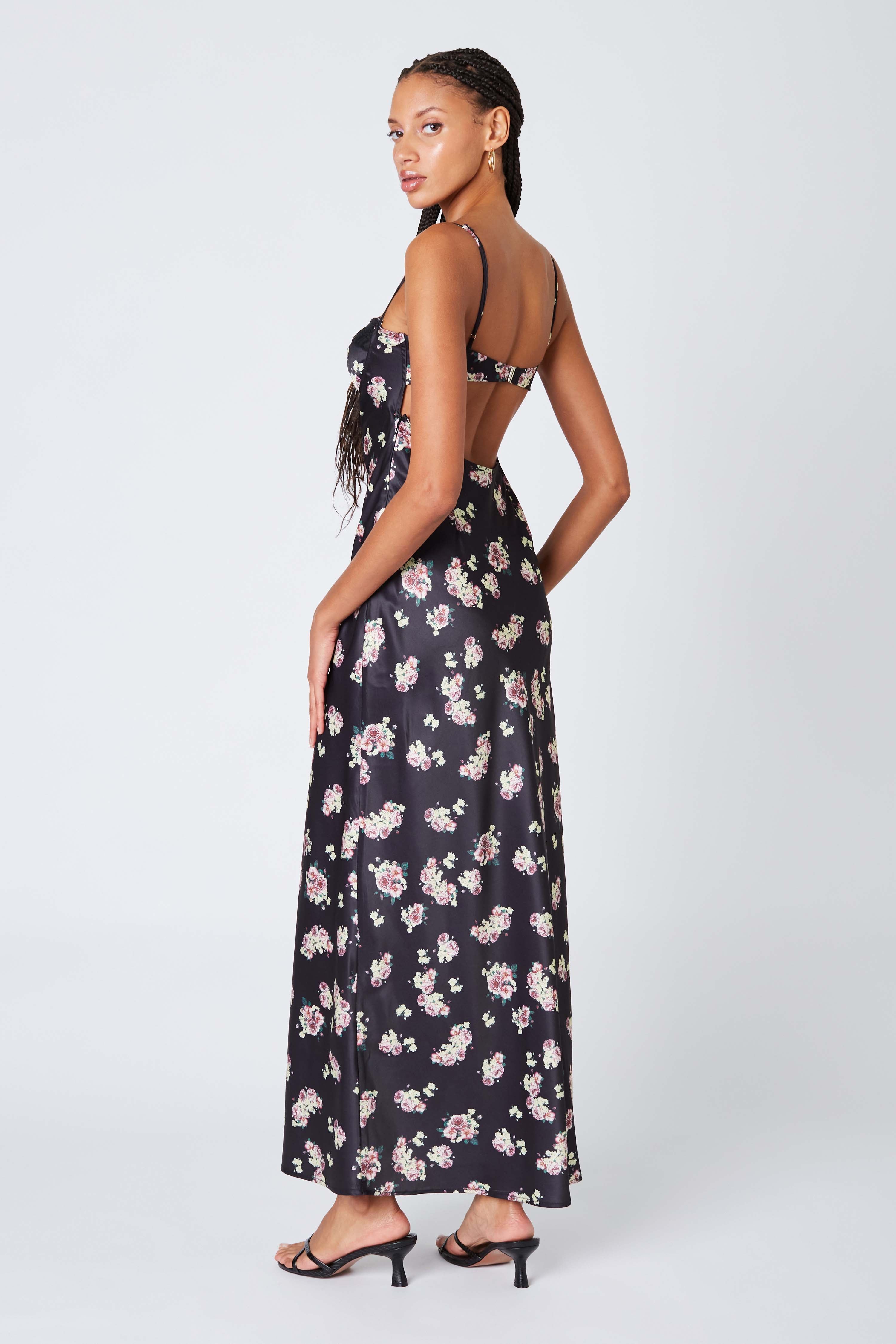 Corset Floral Maxi Dress in Black Back View