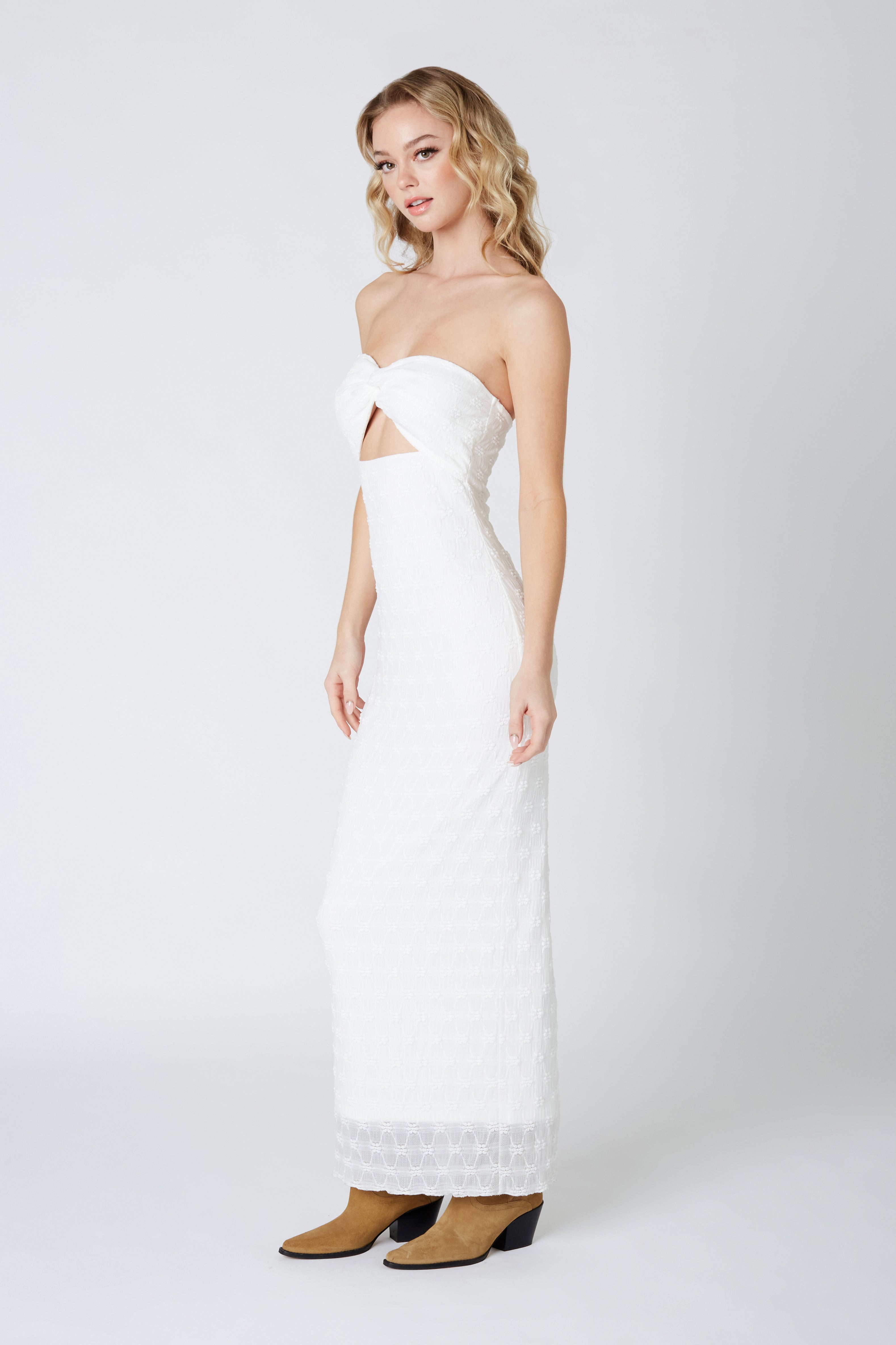 Strapless Lace Cut Out Maxi Dress in White Side View