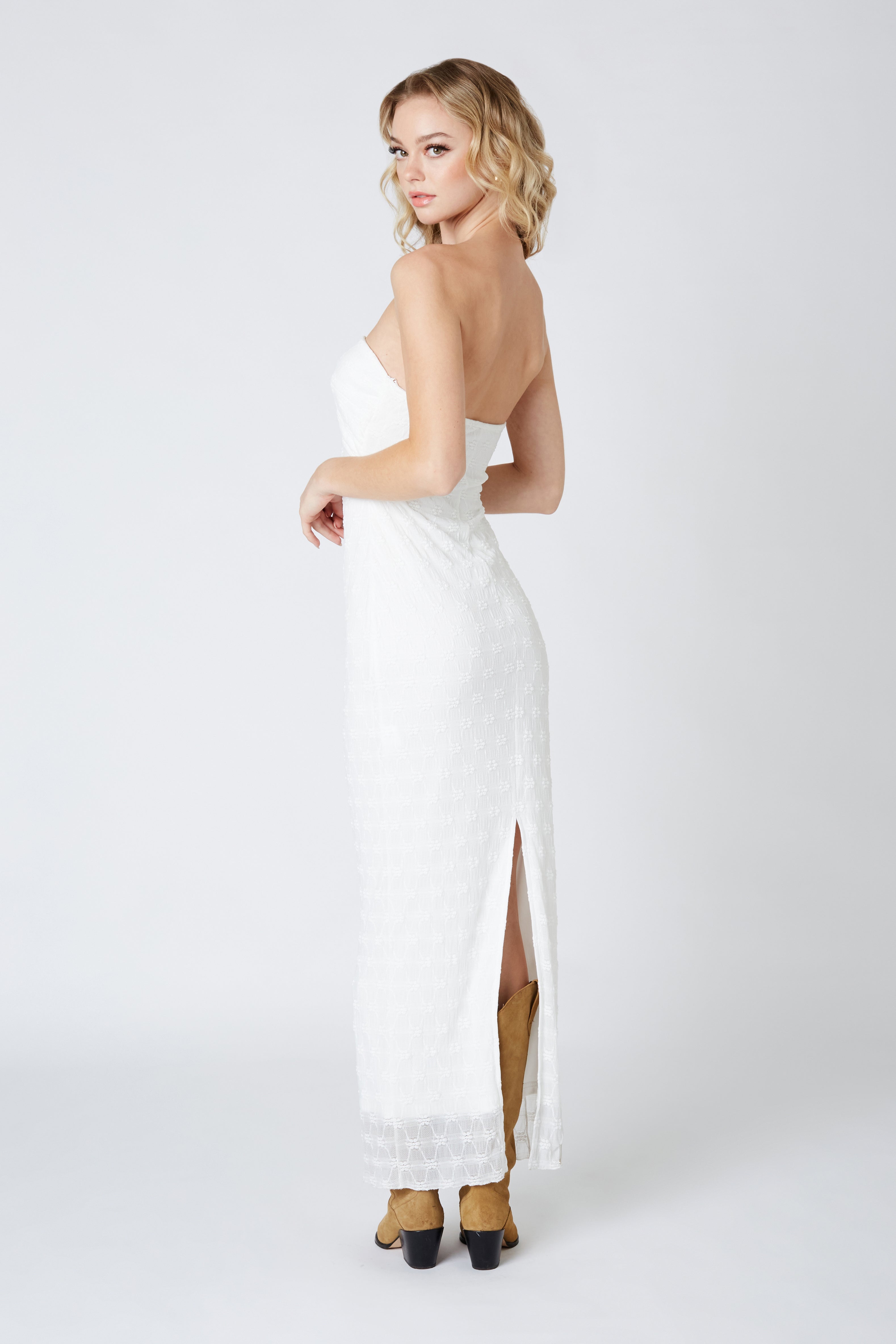 Strapless Lace Cut Out Maxi Dress in White Back View