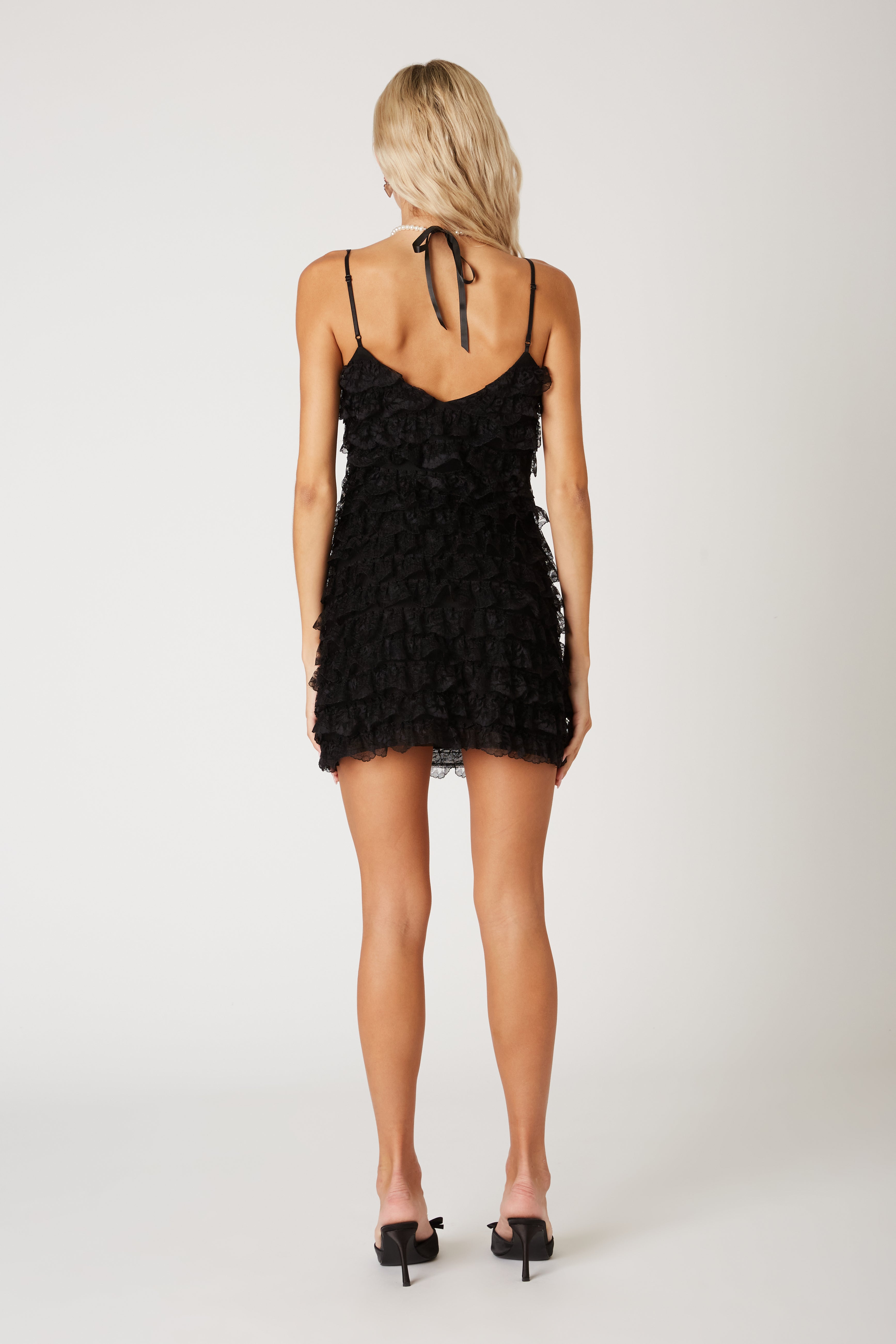 Lace Ruffle Mini Dress in black back view