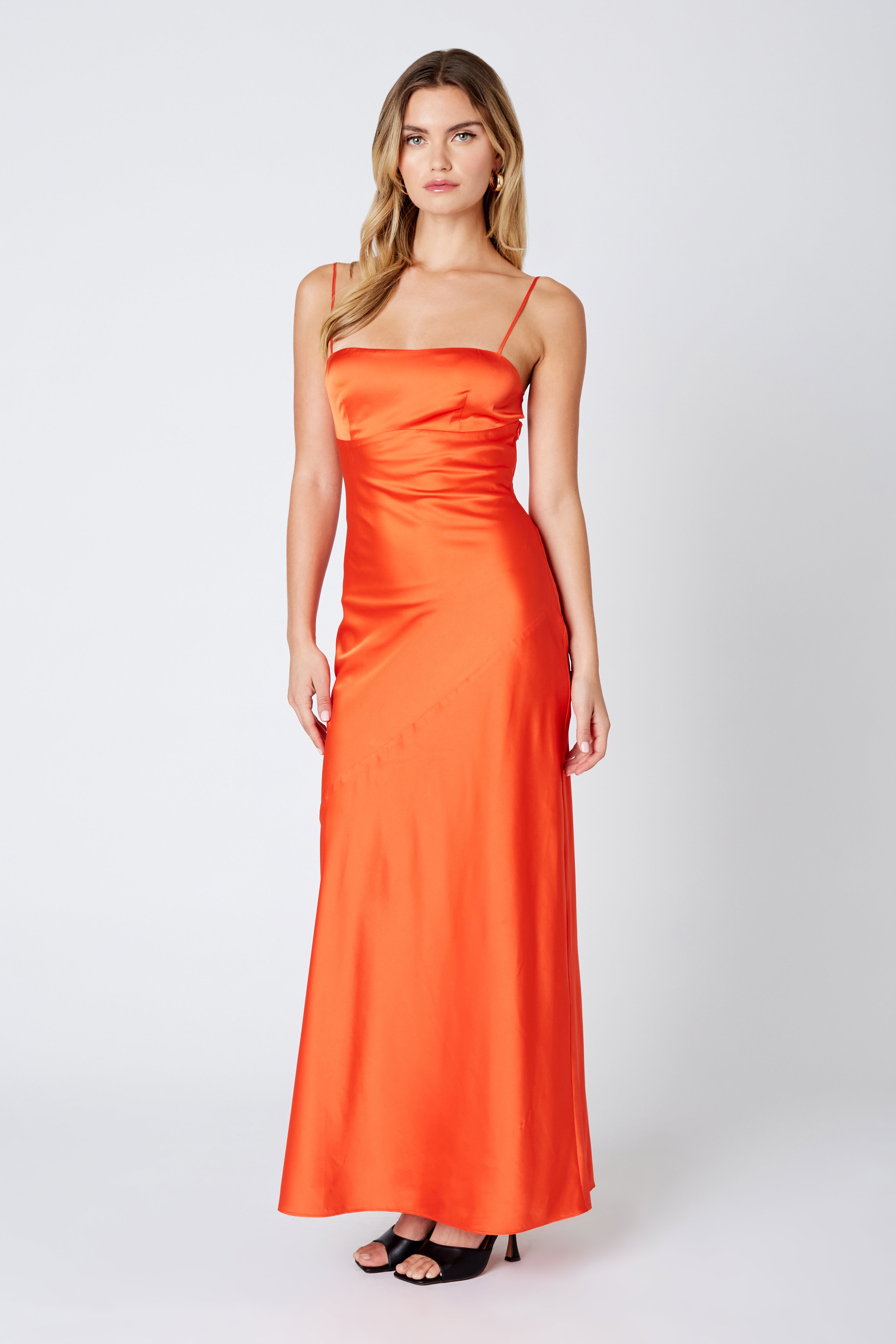 Open Back Satin Maxi Dress in tigerlily front view