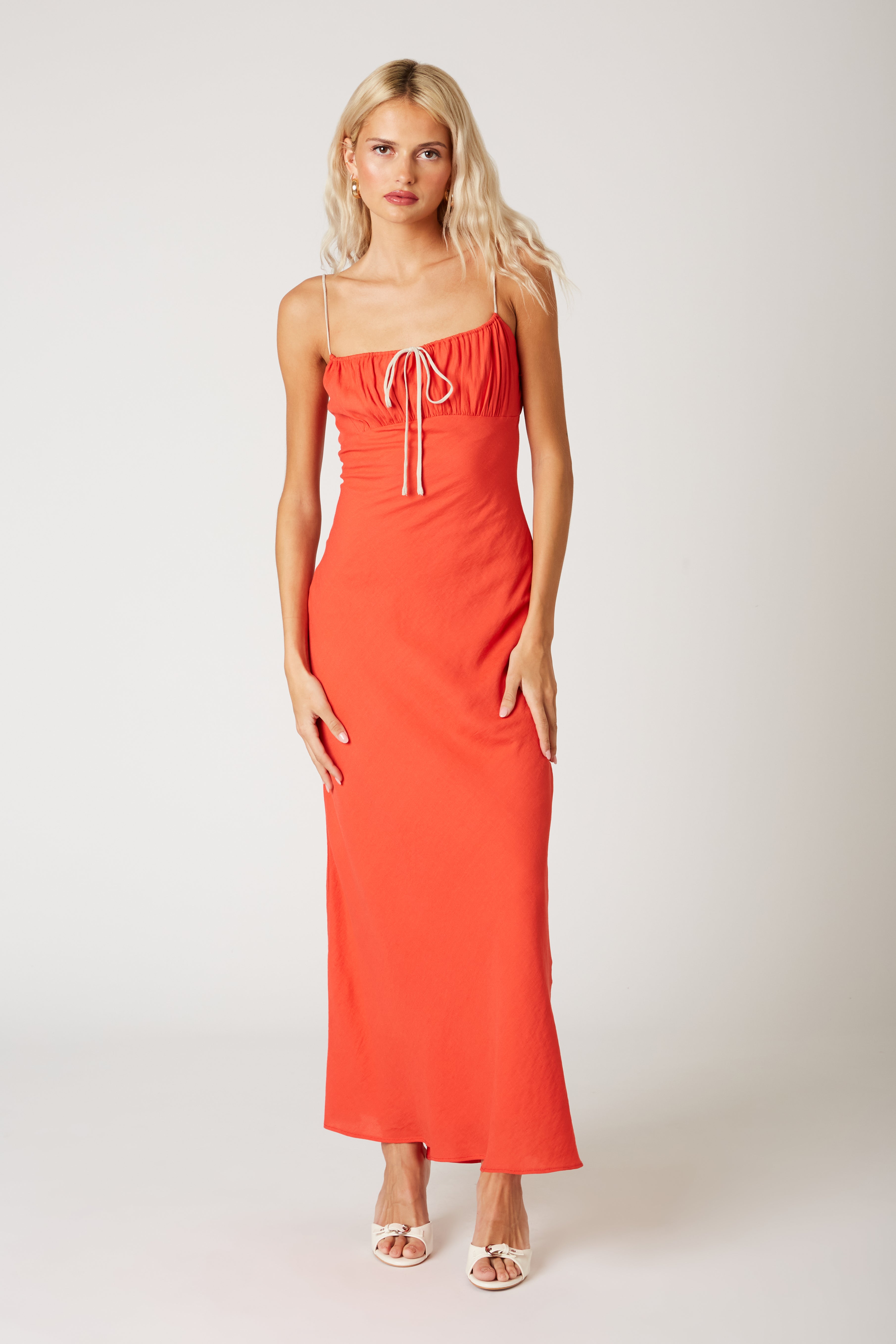 Bias Maxi Dress in coral red front view