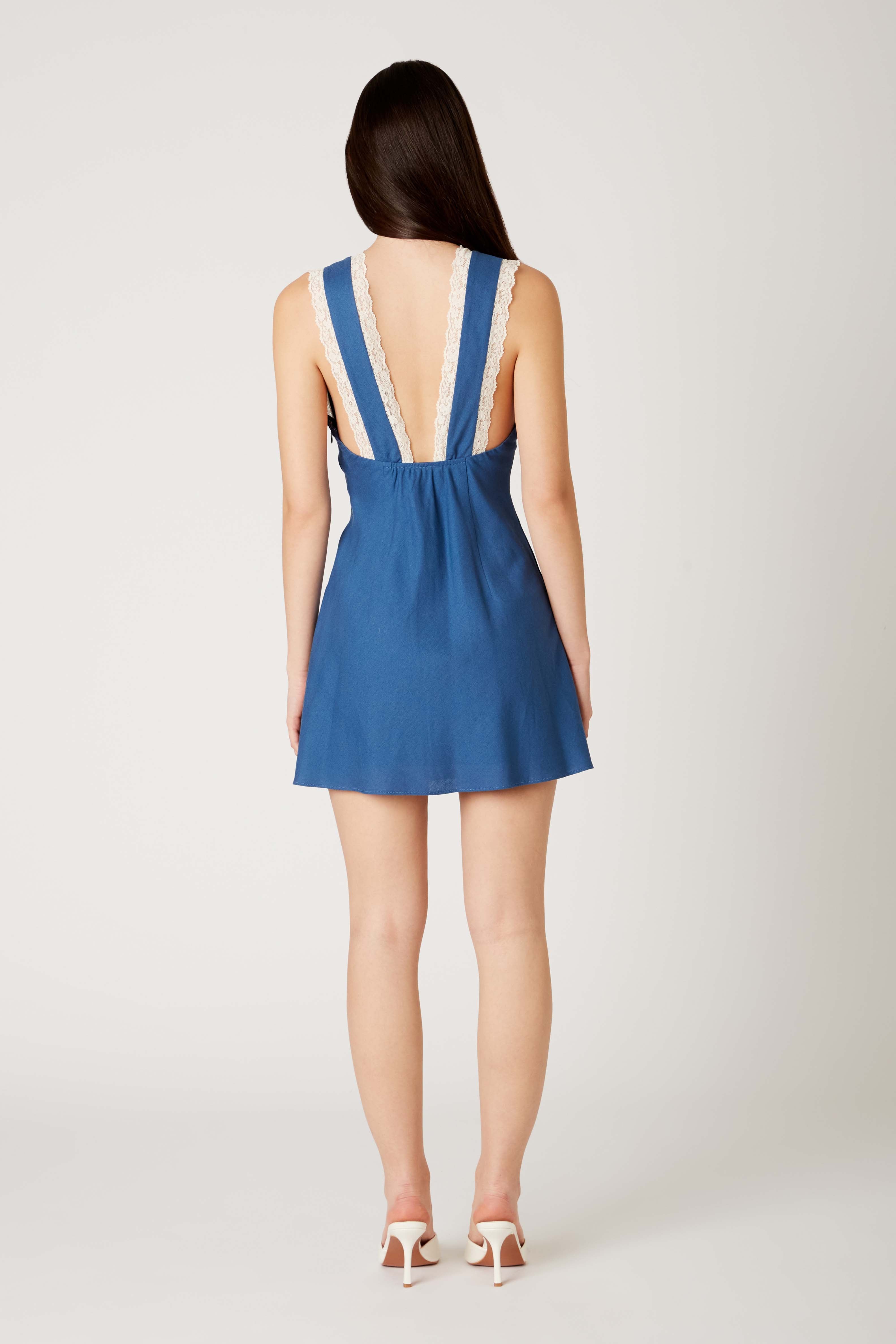 Linen Mini Dress in true blue back view