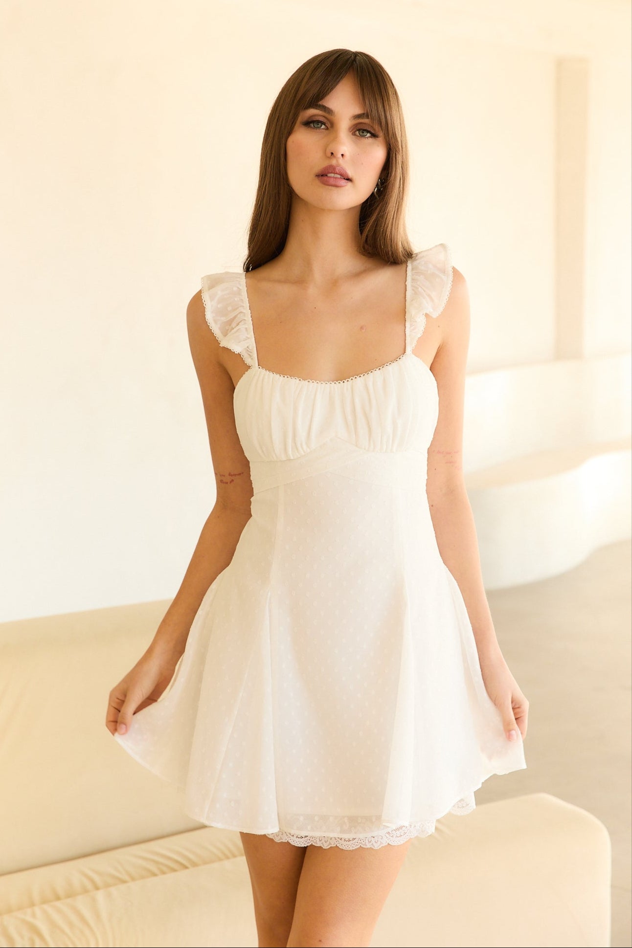 Milkmaid Mini Dress in white front view
