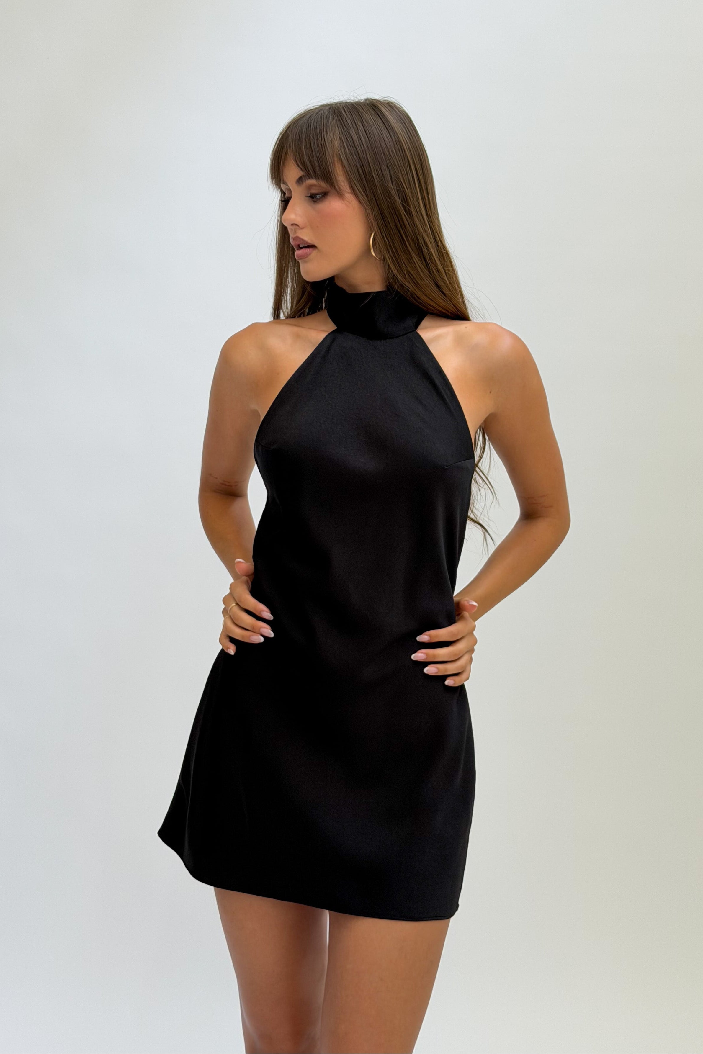 Open Back Halter Mini Dress in black front view