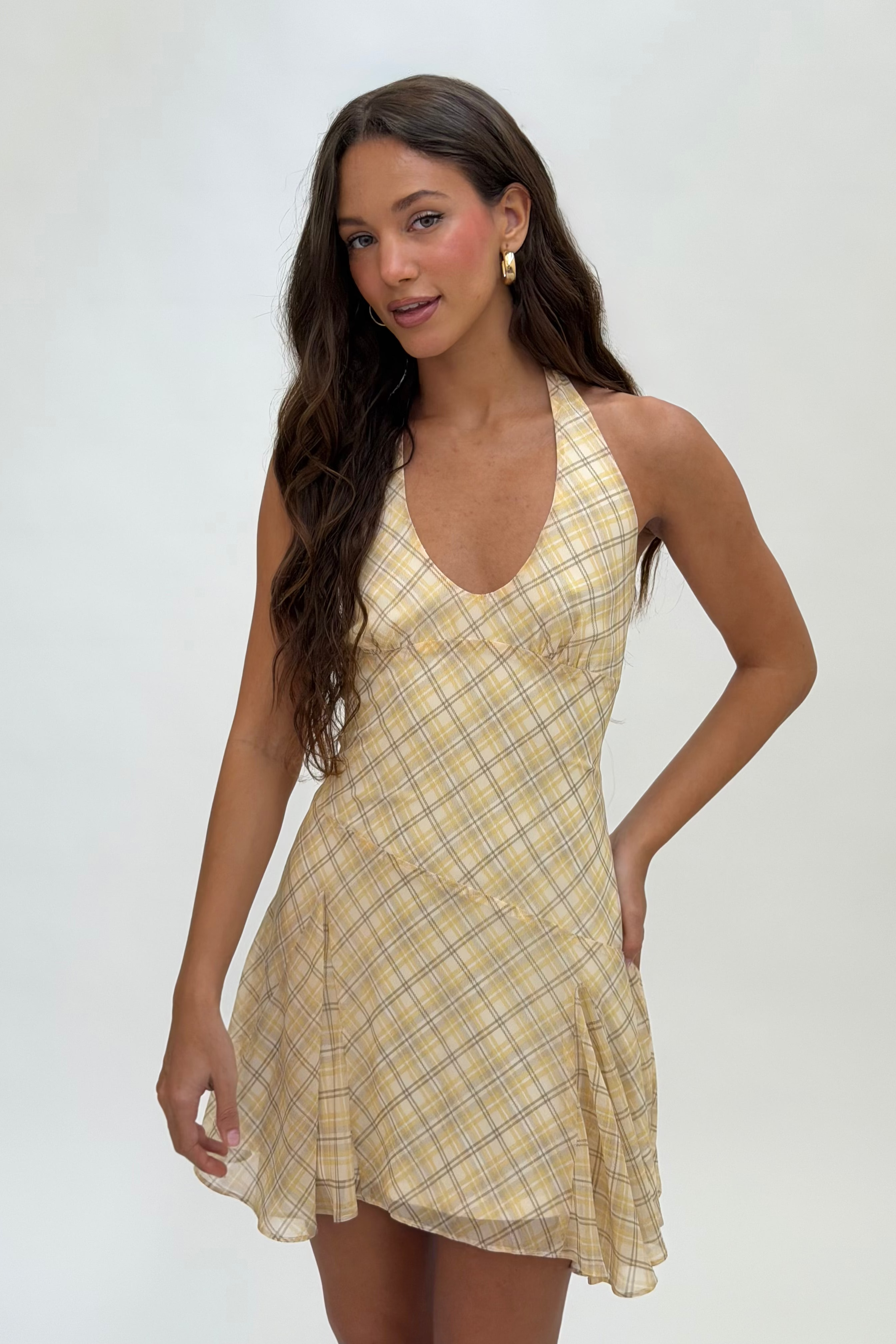 Plaid Mini Dress in butter front view
