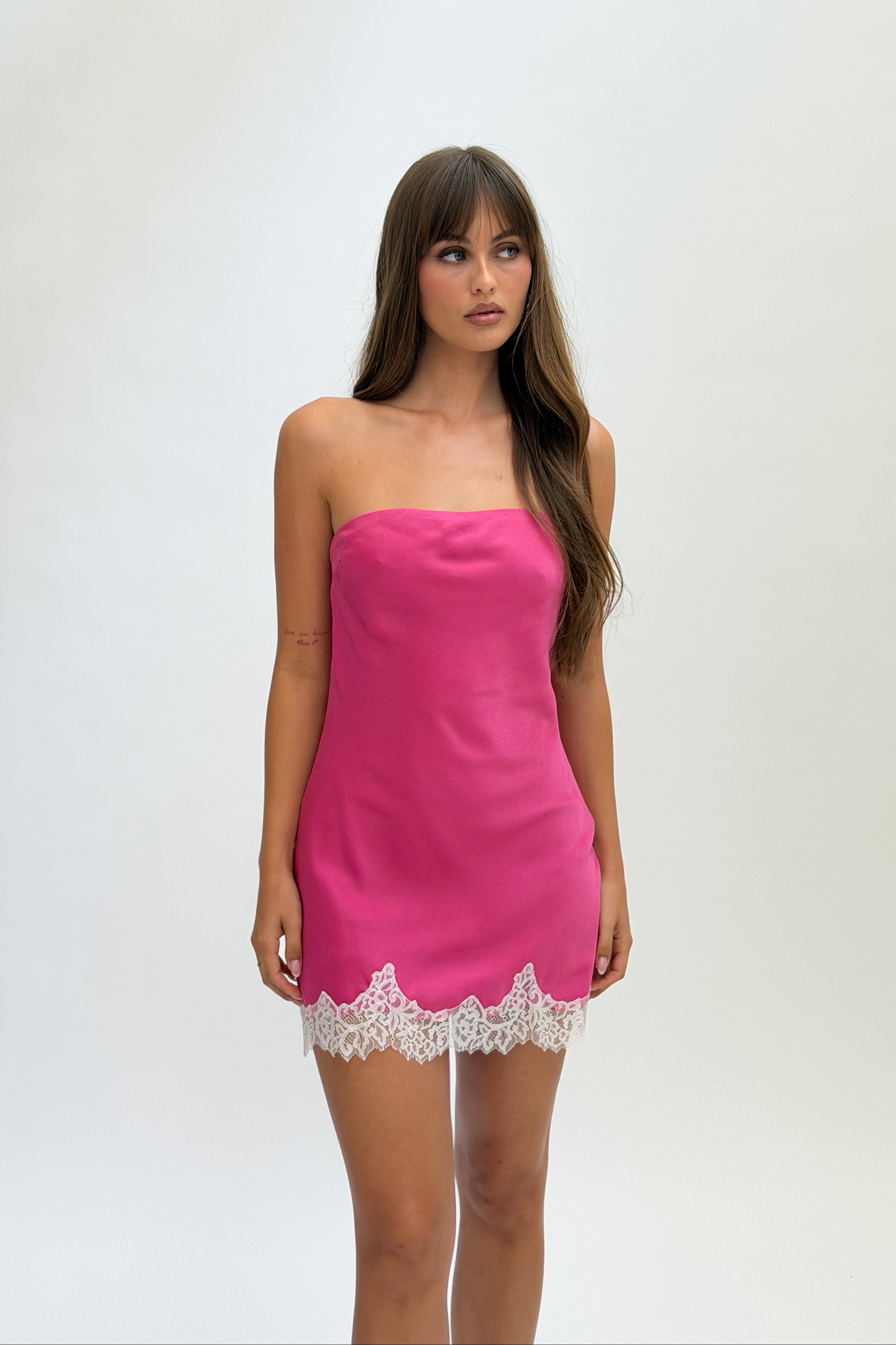 Strapless Lace Trim Mini Dress in magenta front view