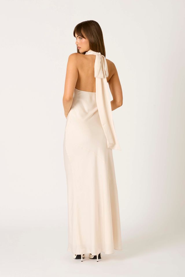 Open Back Halter Maxi Dress in cream back side view