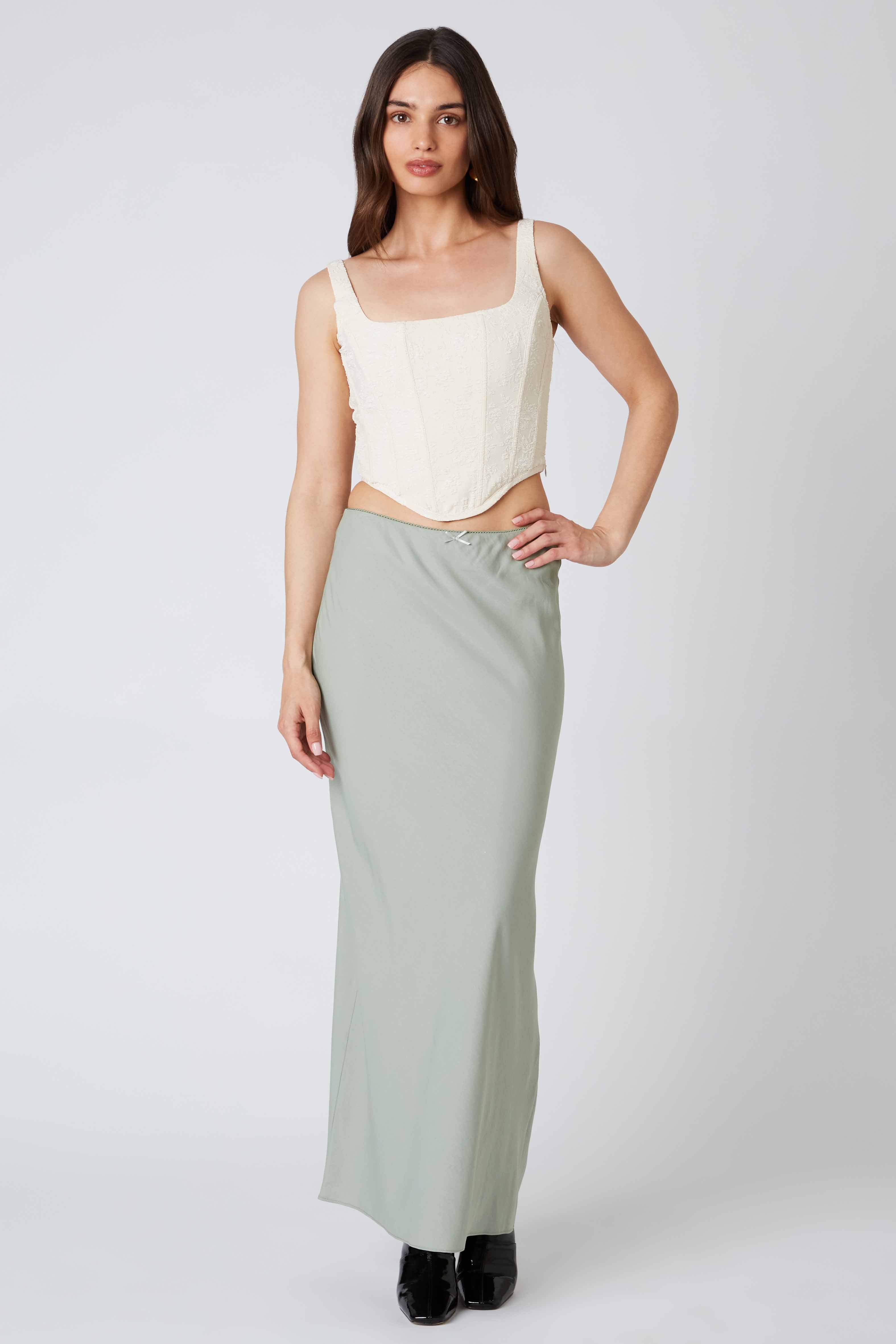 Denim Bias Maxi Skirt in Sage Front View