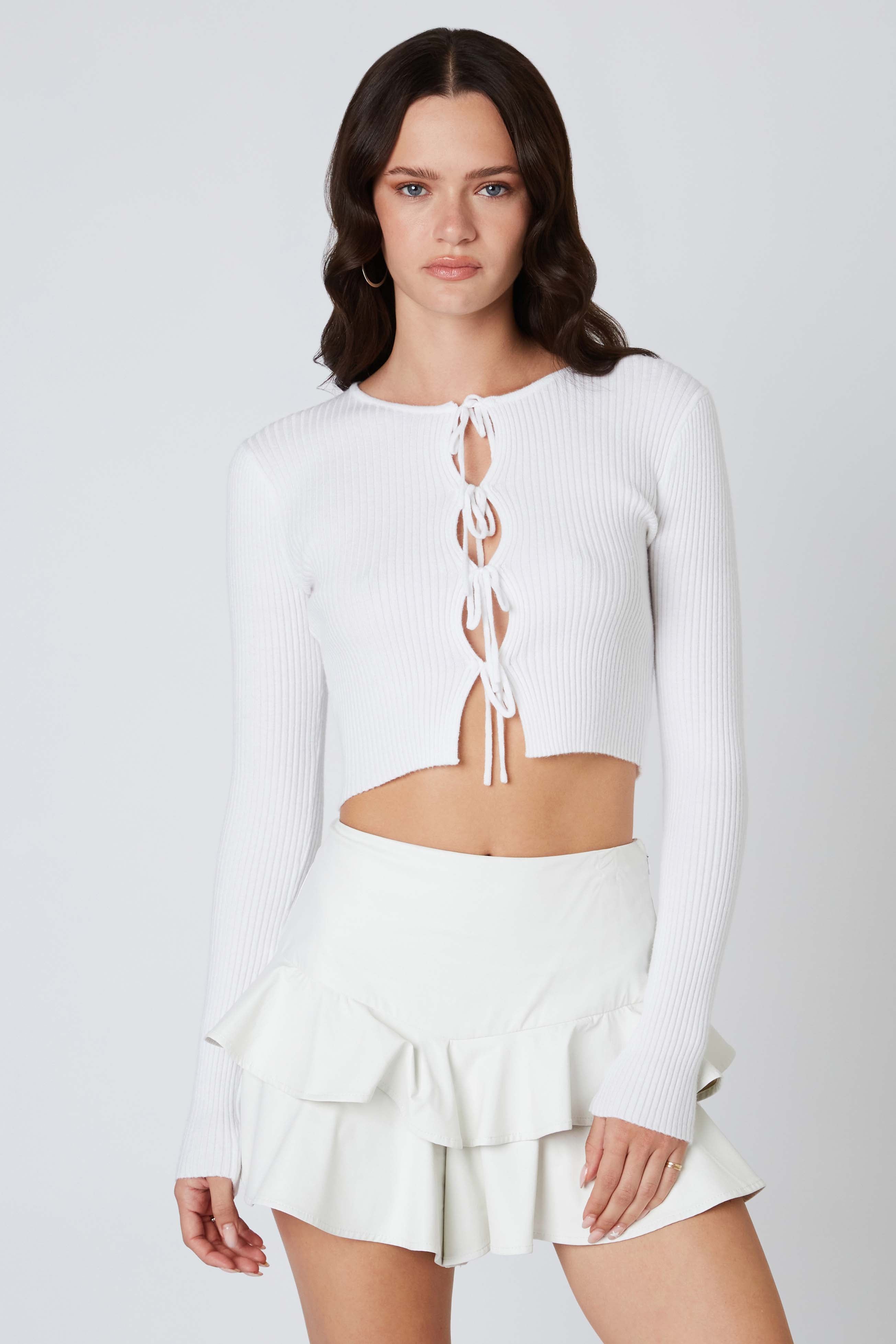 Ruffled Leather Skirt in White Front View