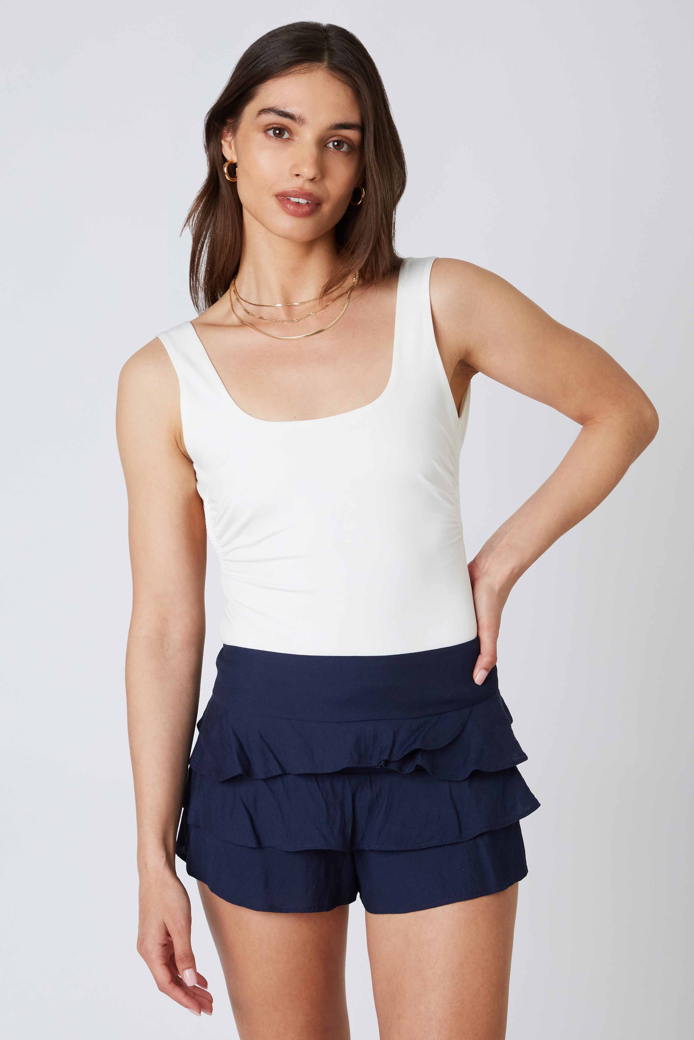 Ruffled Mini Shorts in Navy Front View