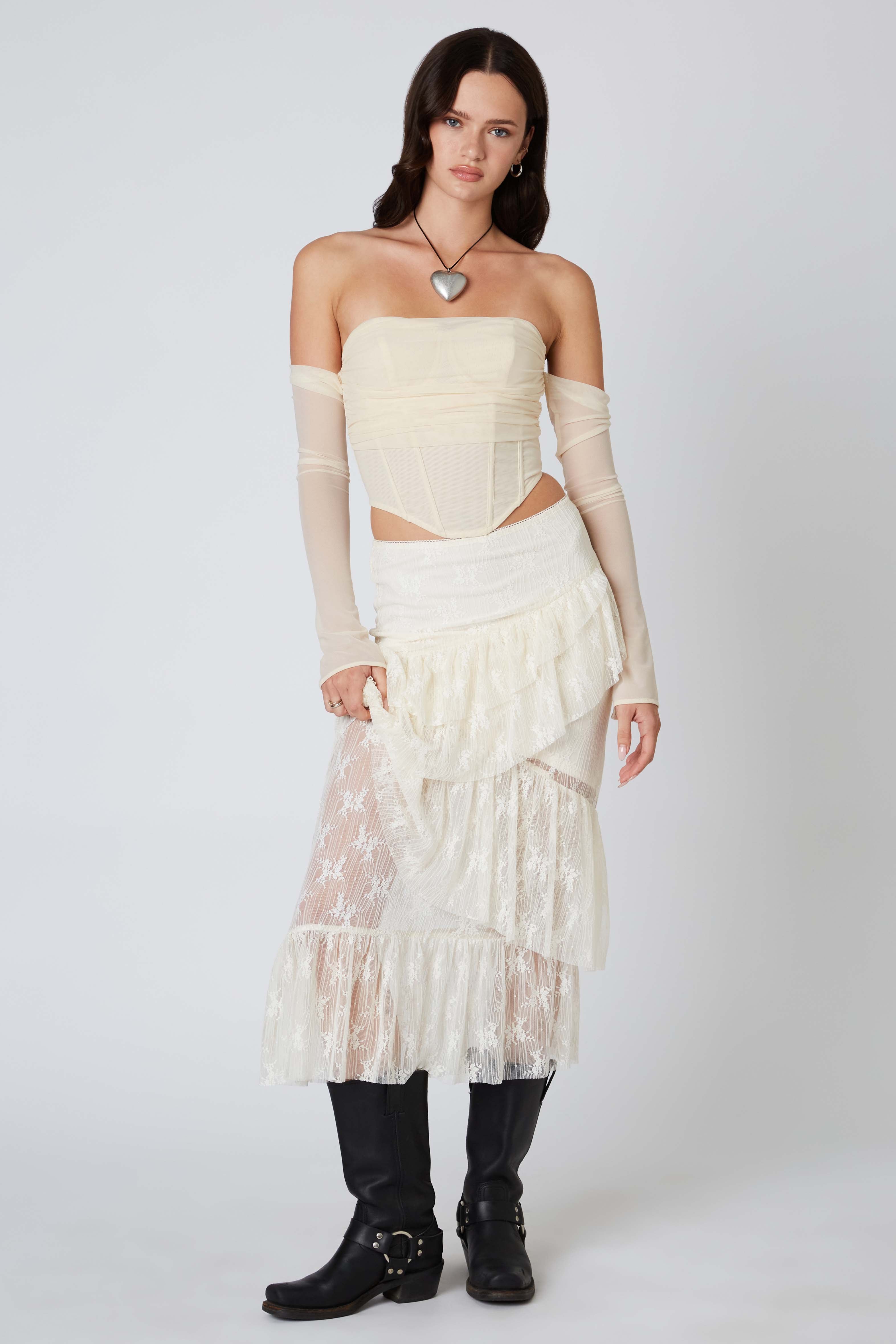 Tiered Lace Midi Skirt in Ivory Front View