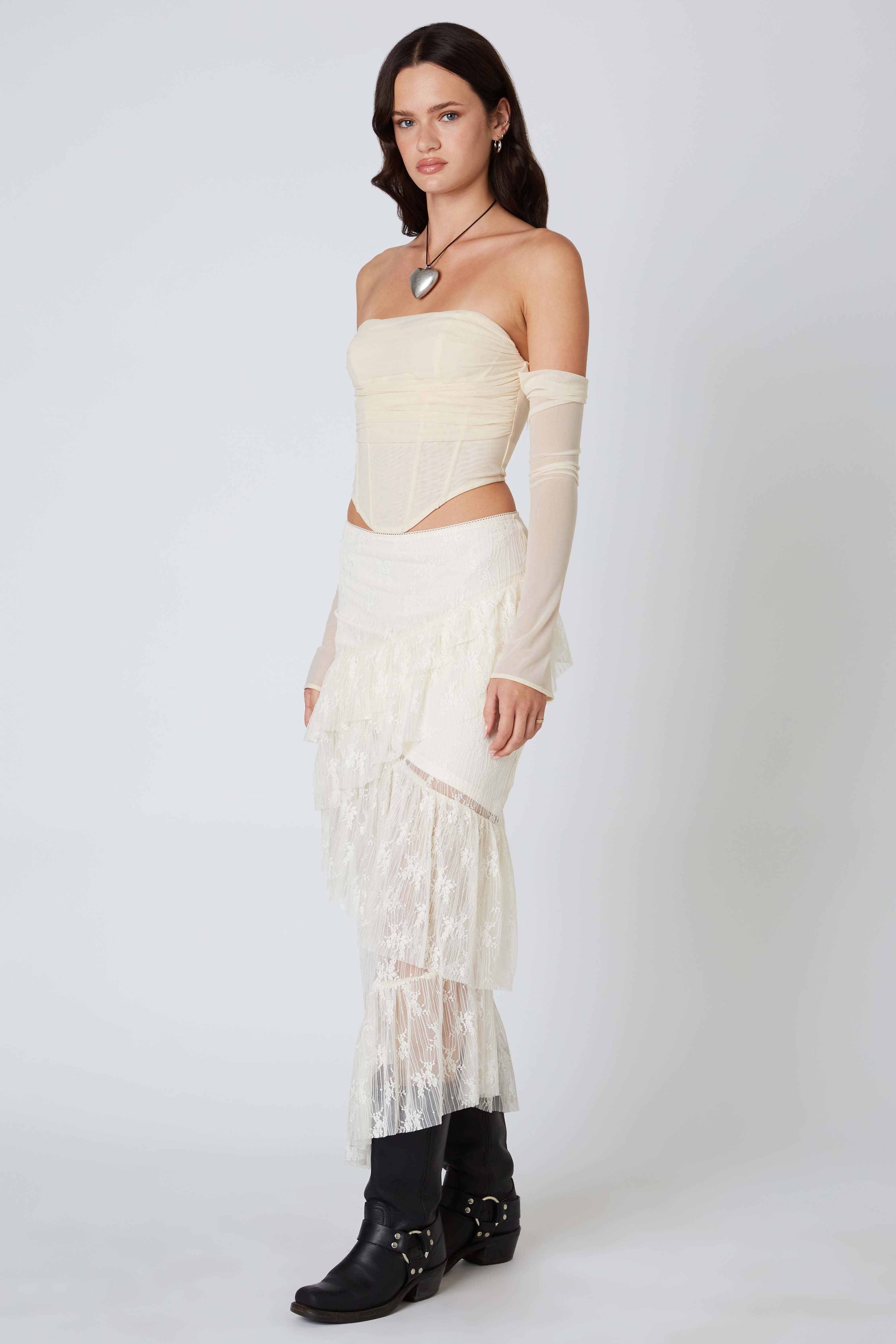 Tiered Lace Midi Skirt in Ivory Side View