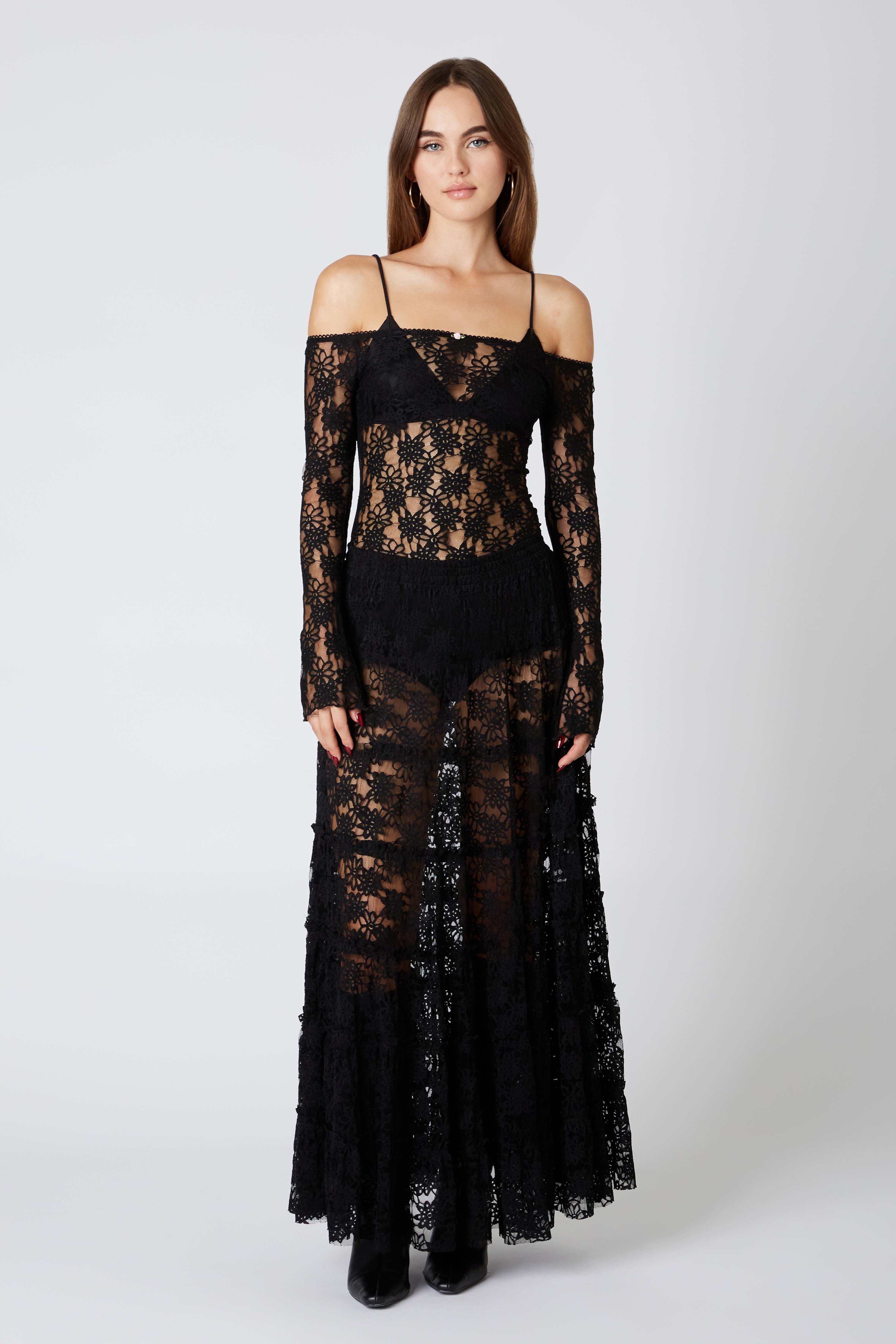 Tiered Floral Lace Maxi Skirt in Black Front View