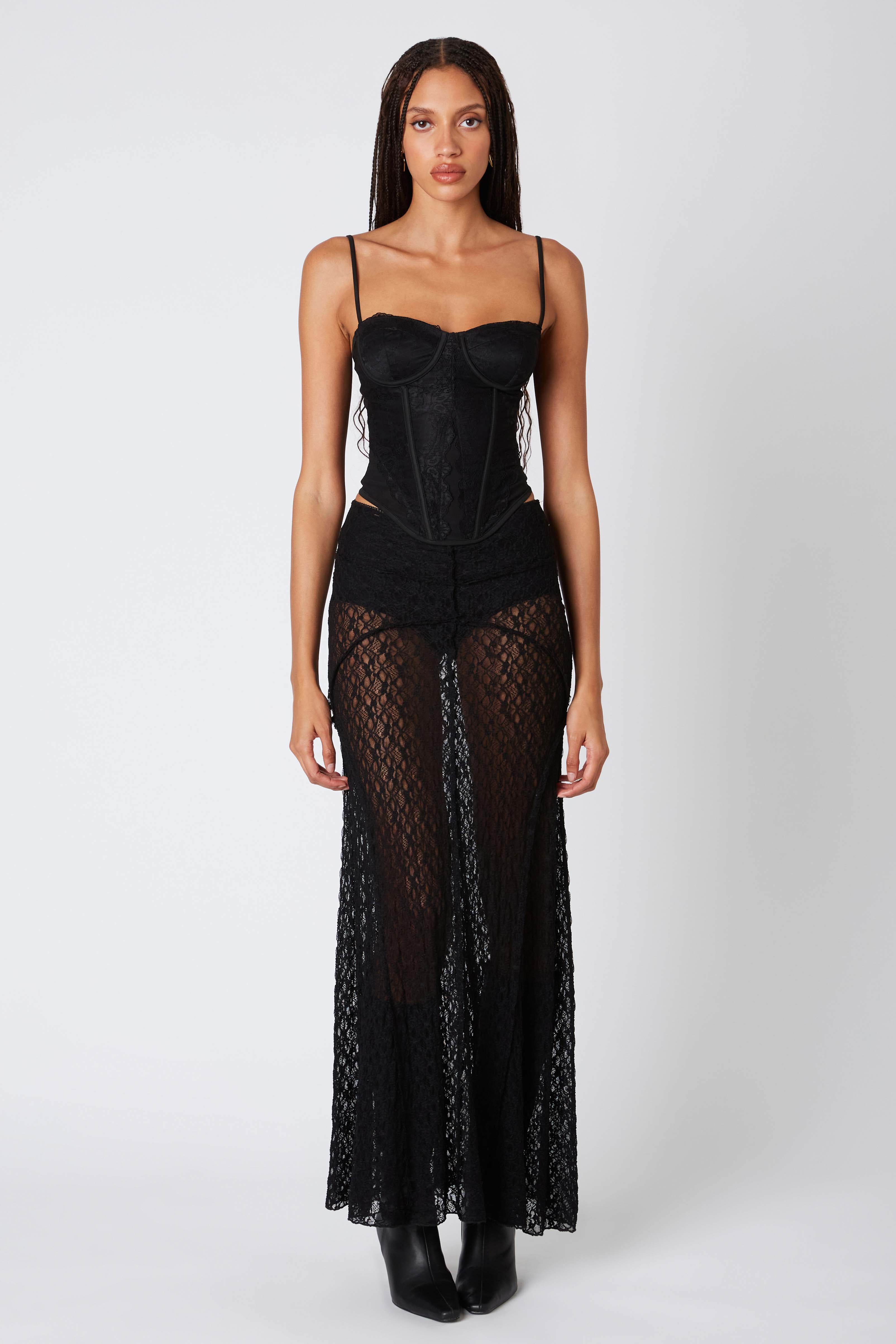 Sheer Lace Maxi Skirt in Black Front View
