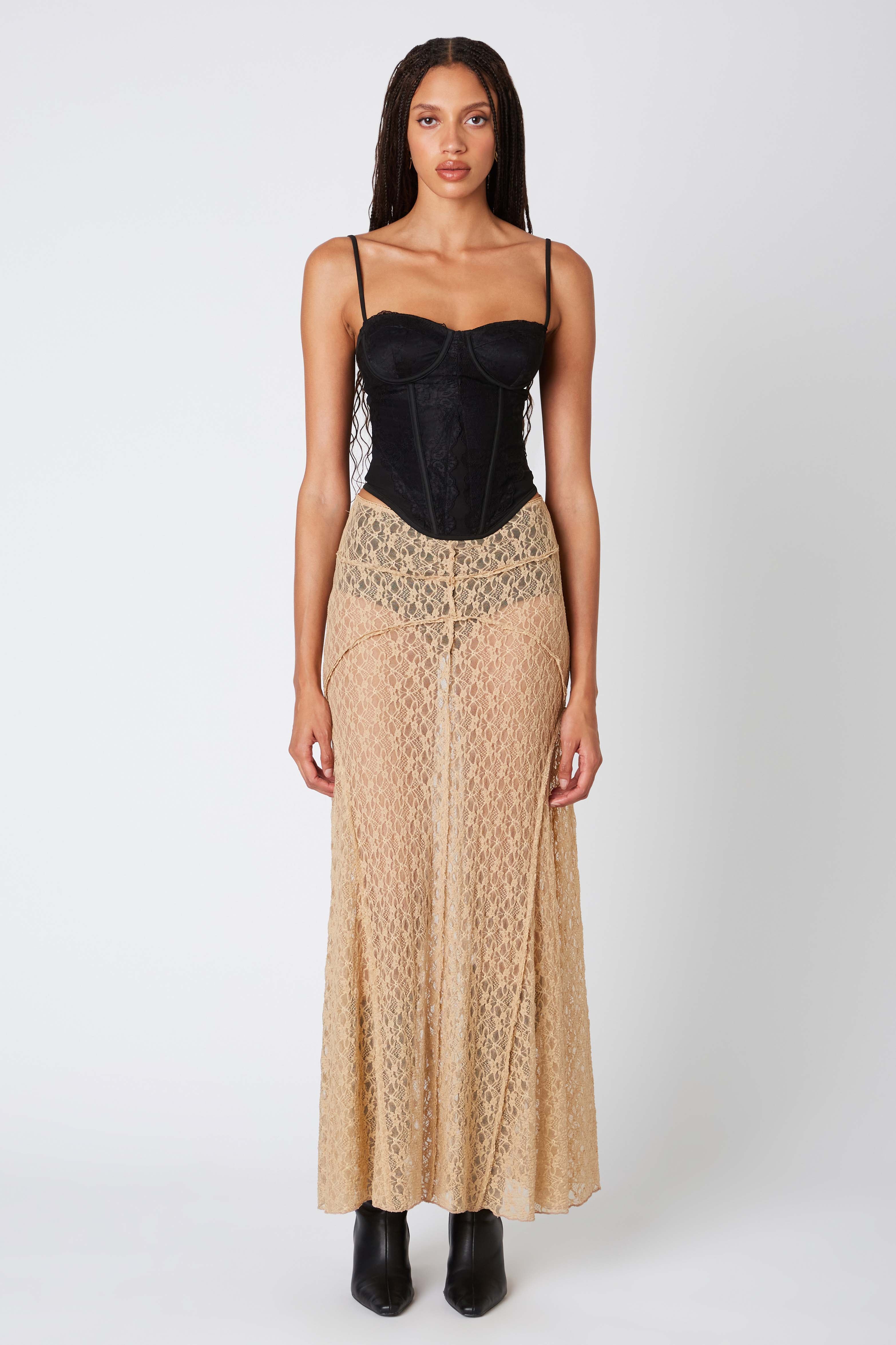 Sheer Lace Maxi Skirt in Tan Front View