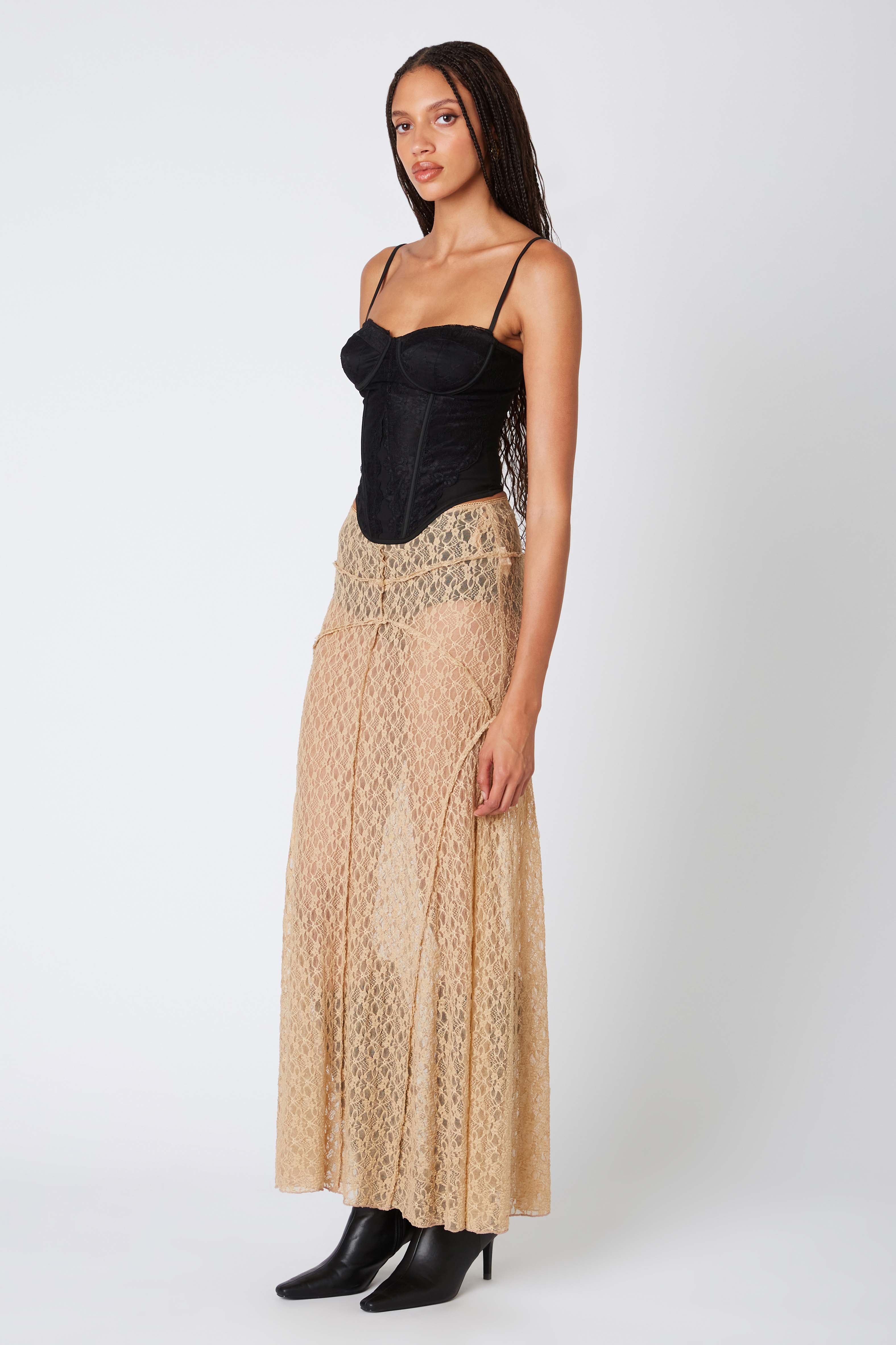Sheer Lace Maxi Skirt in Tan Side View