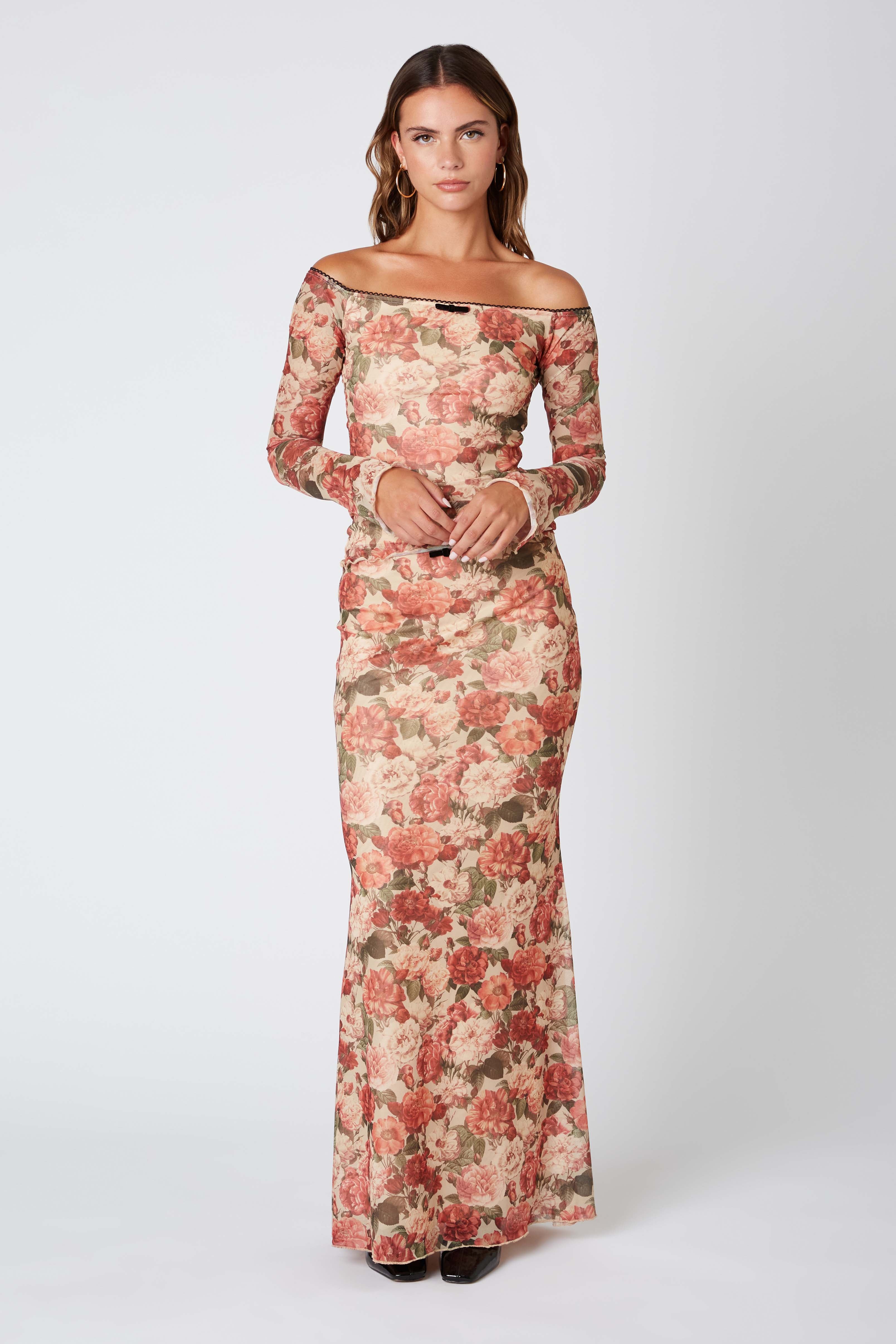 Floral Micro Mesh Maxi Skirt in Amber Front View