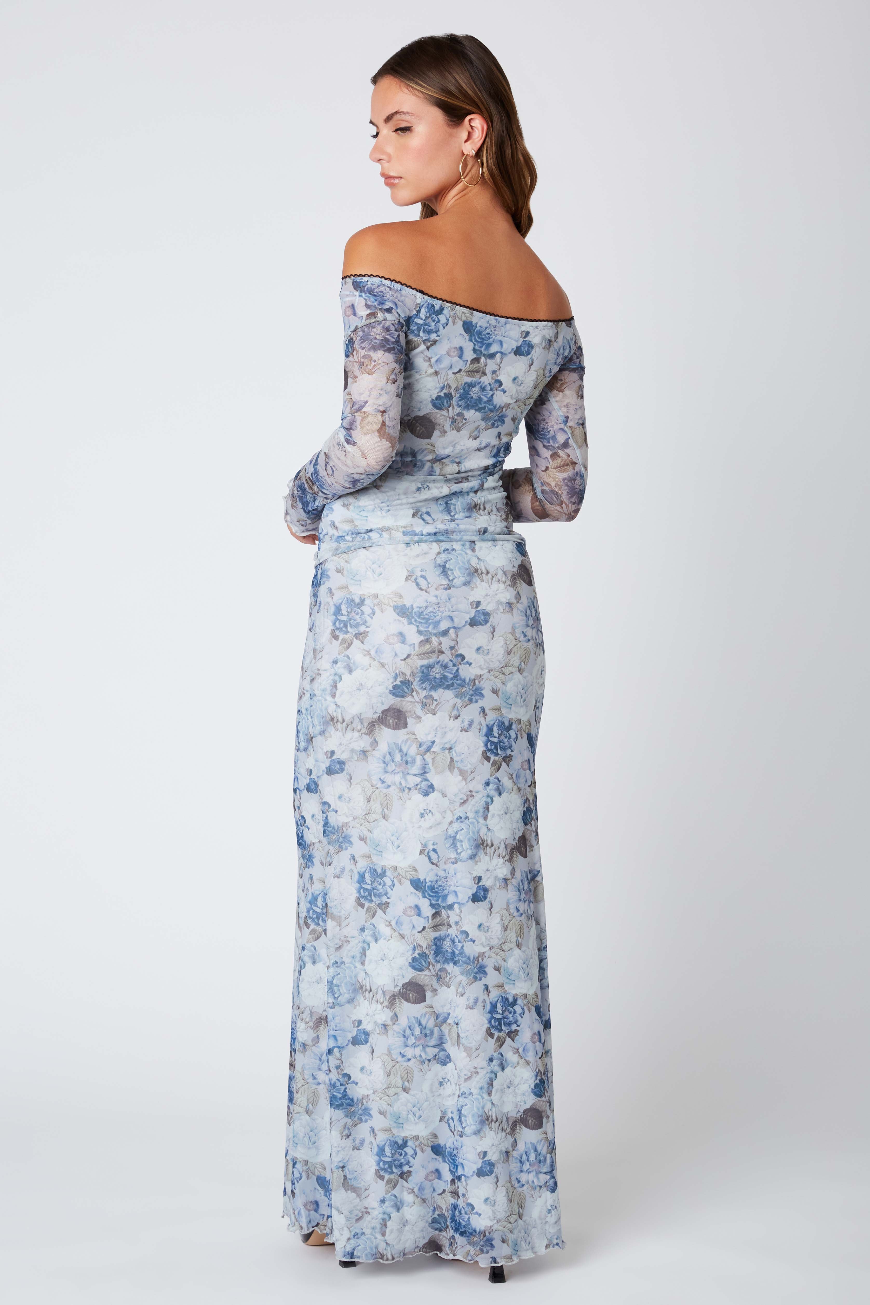Floral Micro Mesh Maxi Skirt in Blue Back View