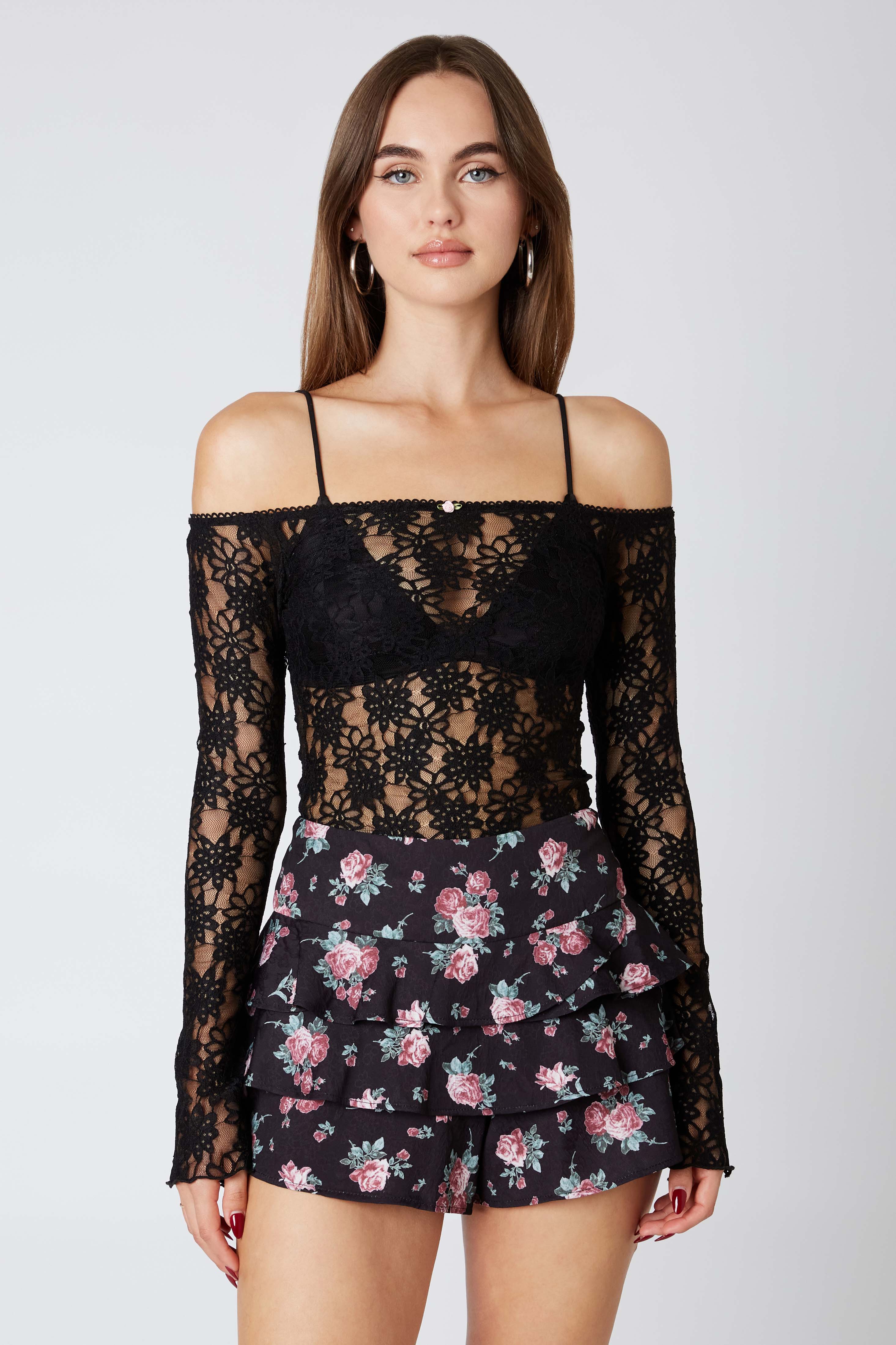 Ruffle Floral Skort in Black Front View