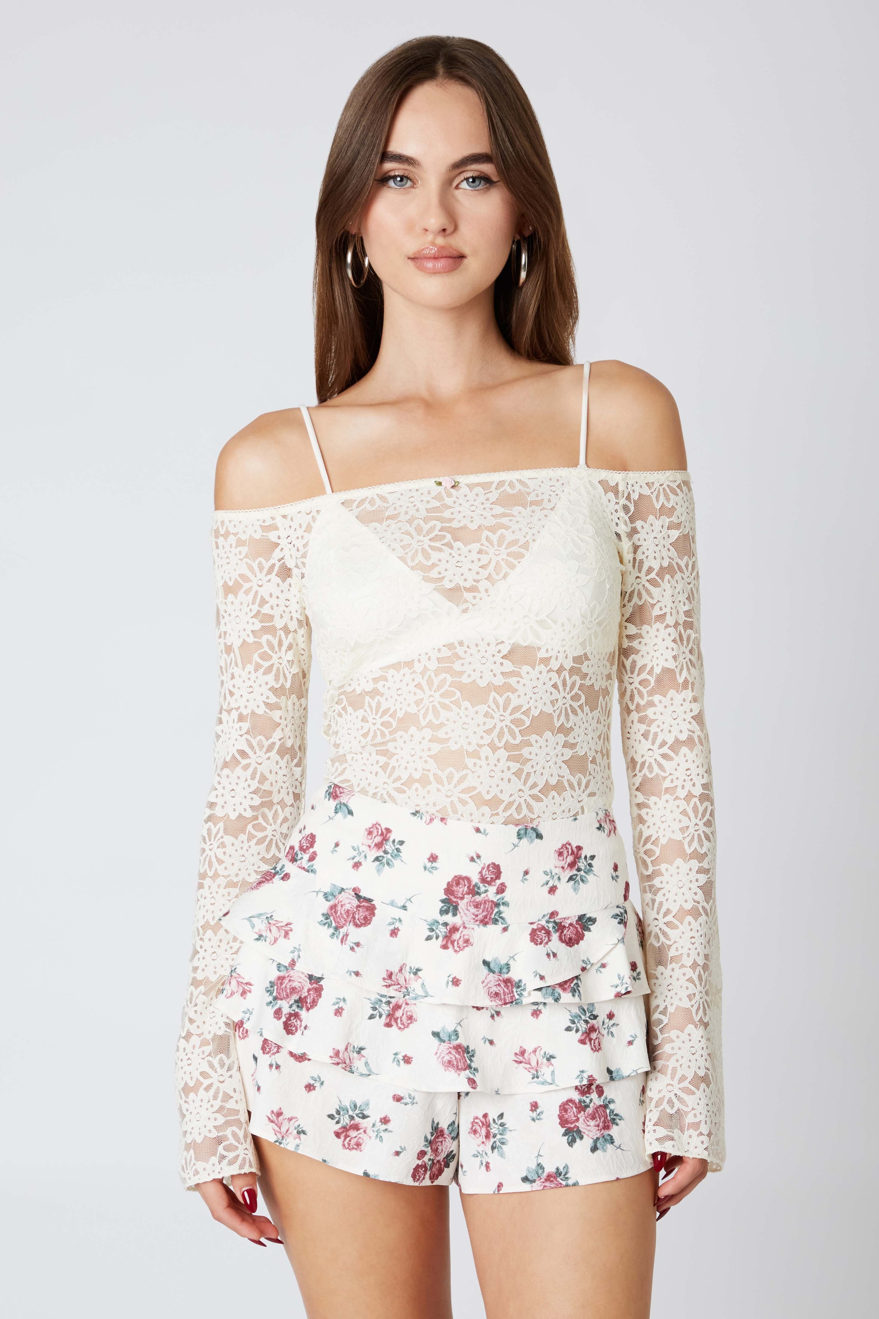 Ruffle Floral Skort in Ivory Front View