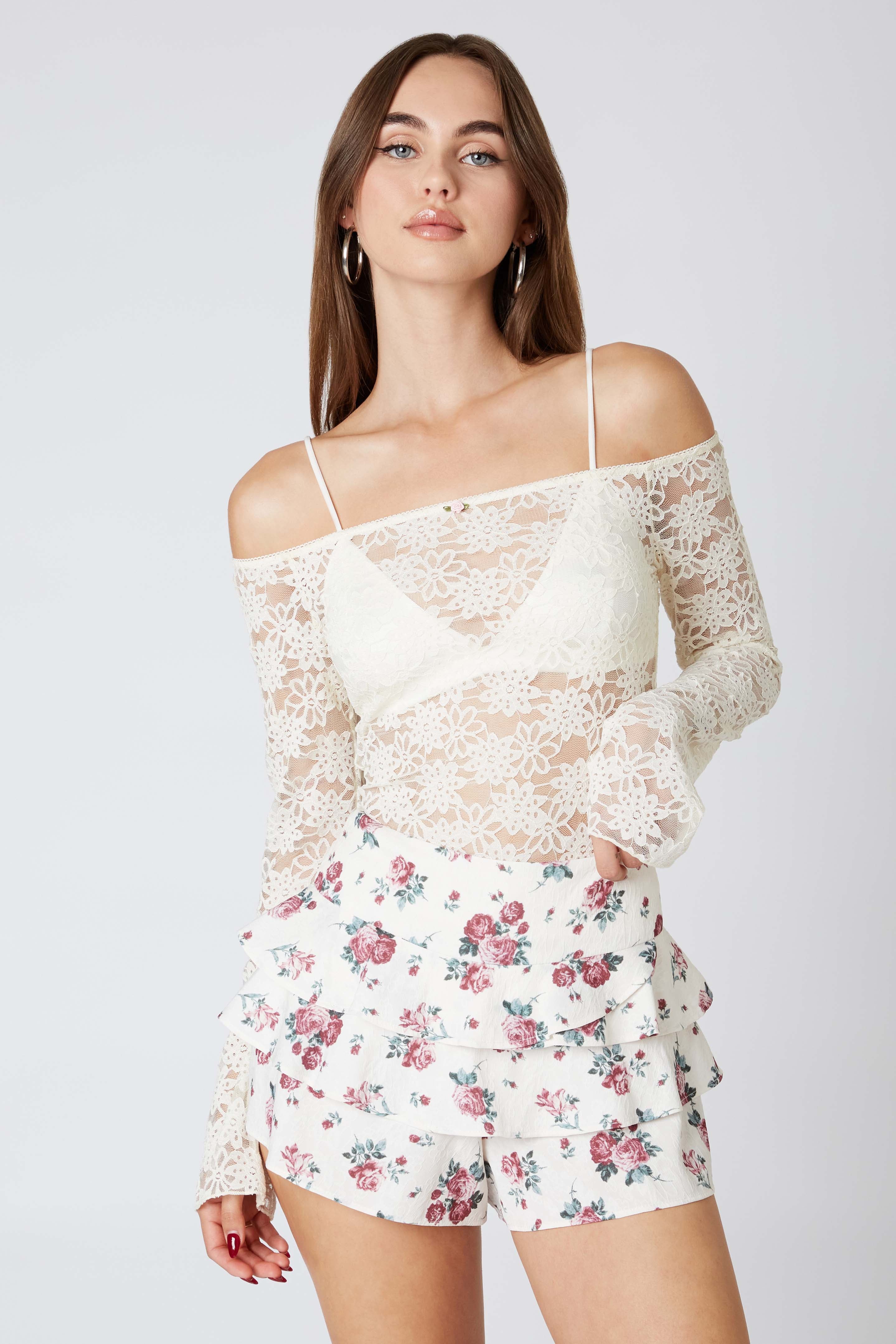 Ruffle Floral Skort in Ivory Front View
