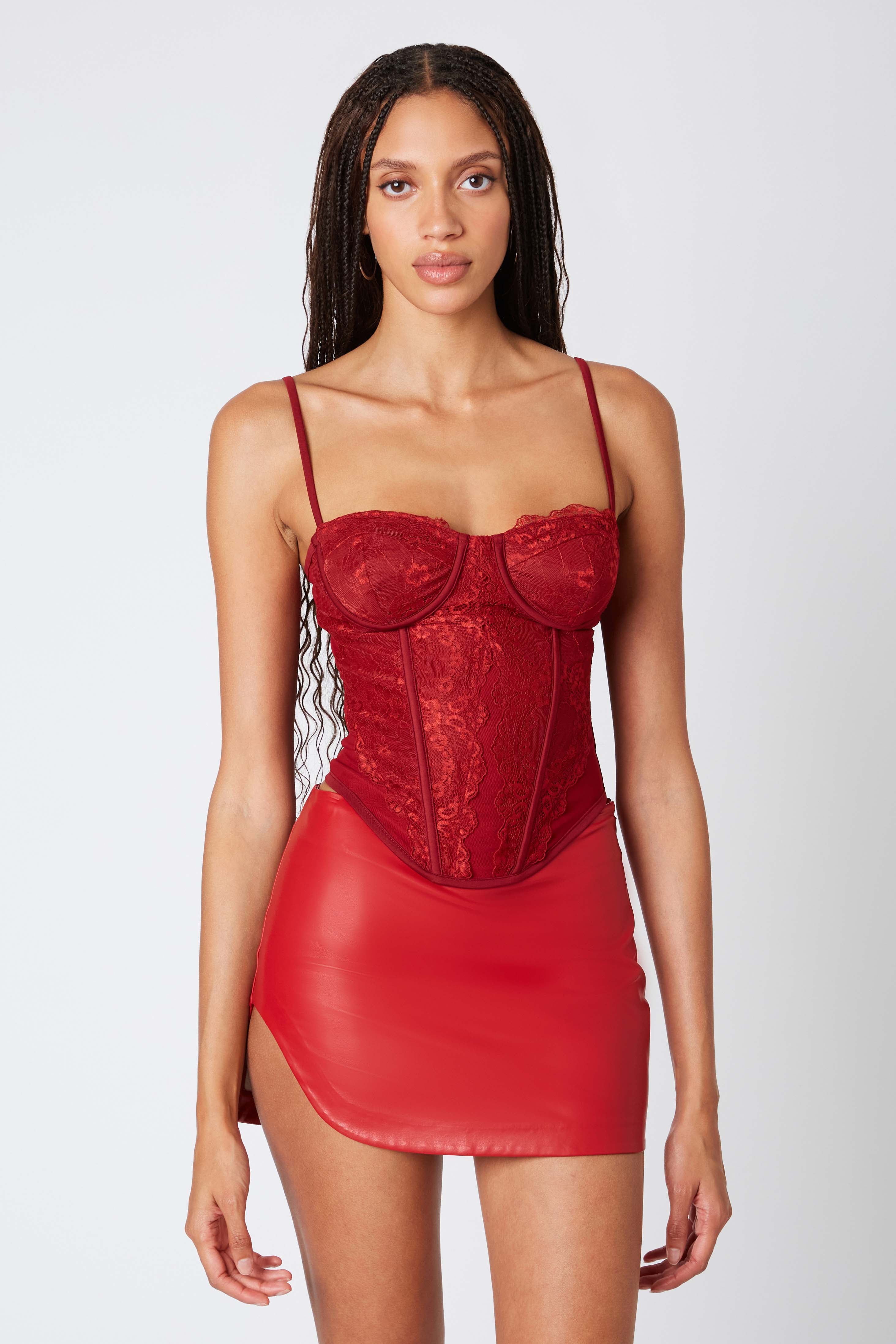 Leather Mini Skirt in Red Front View