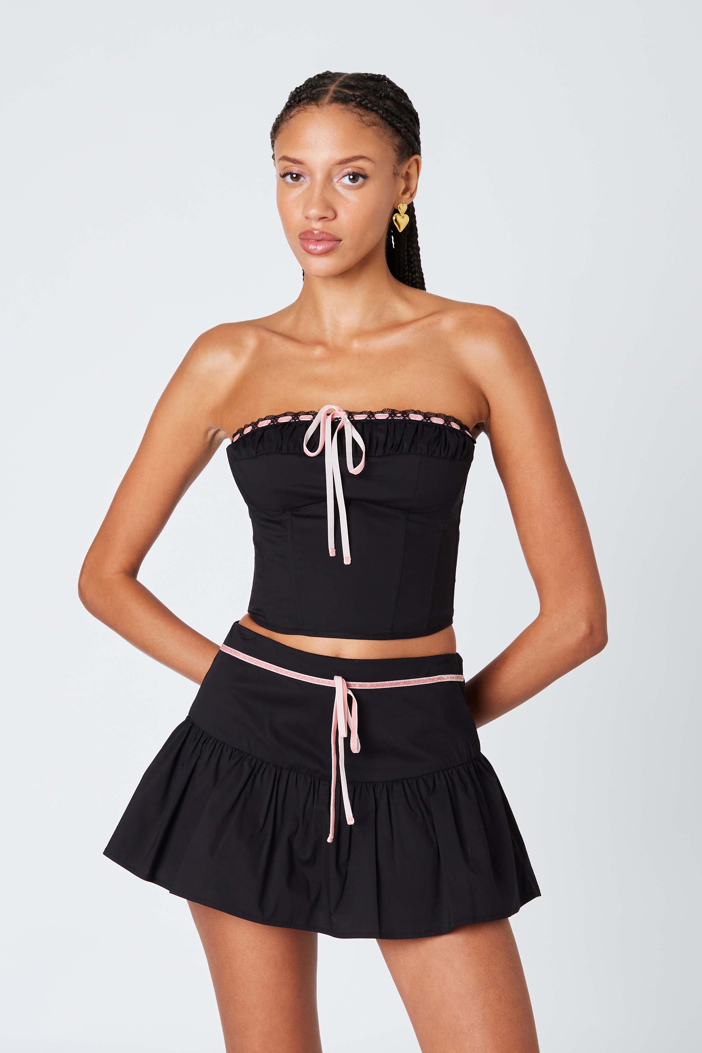 Mini Skirt with Ribbon in Black Front View