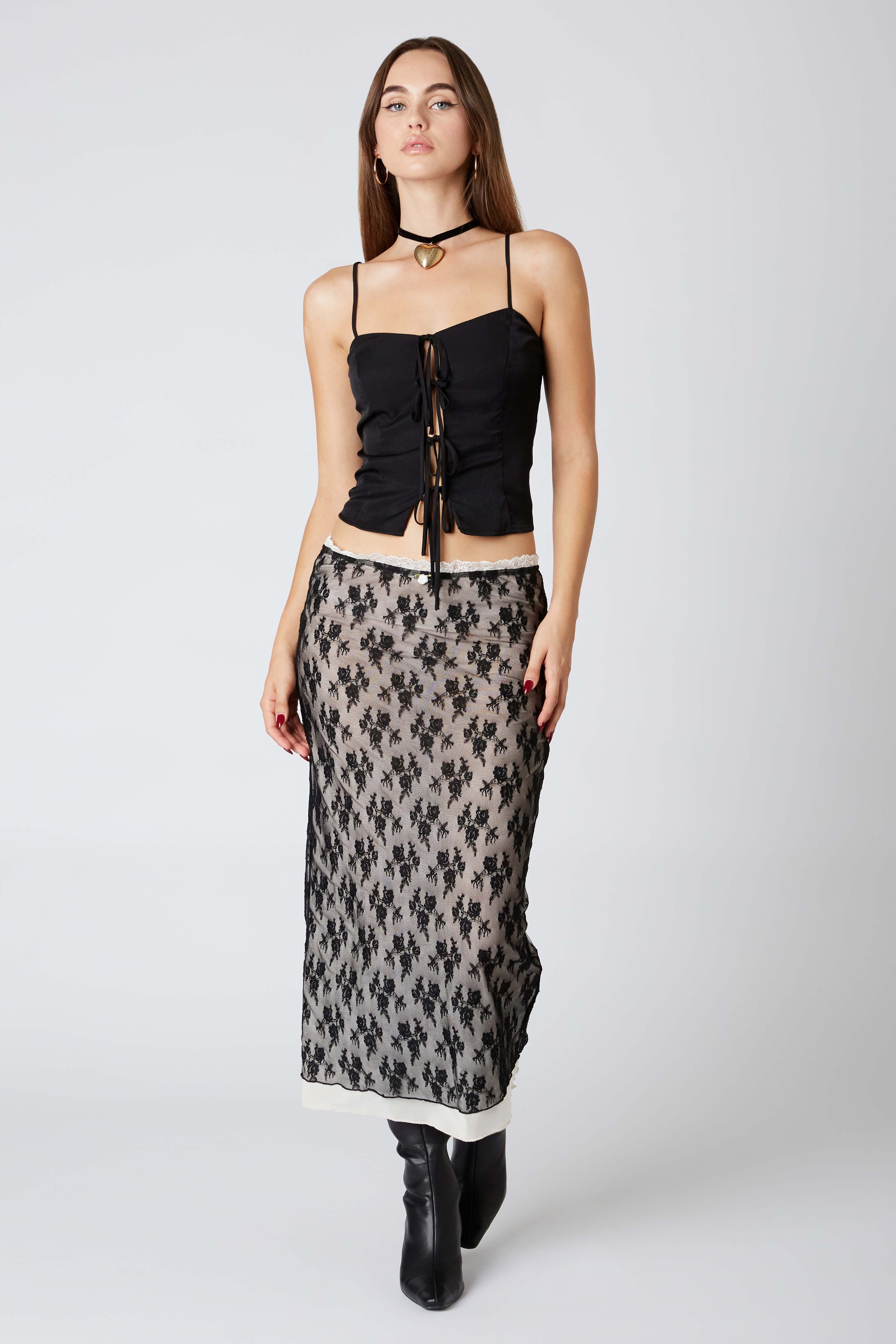 Lace Overlay Midi Skirt in Black Front View