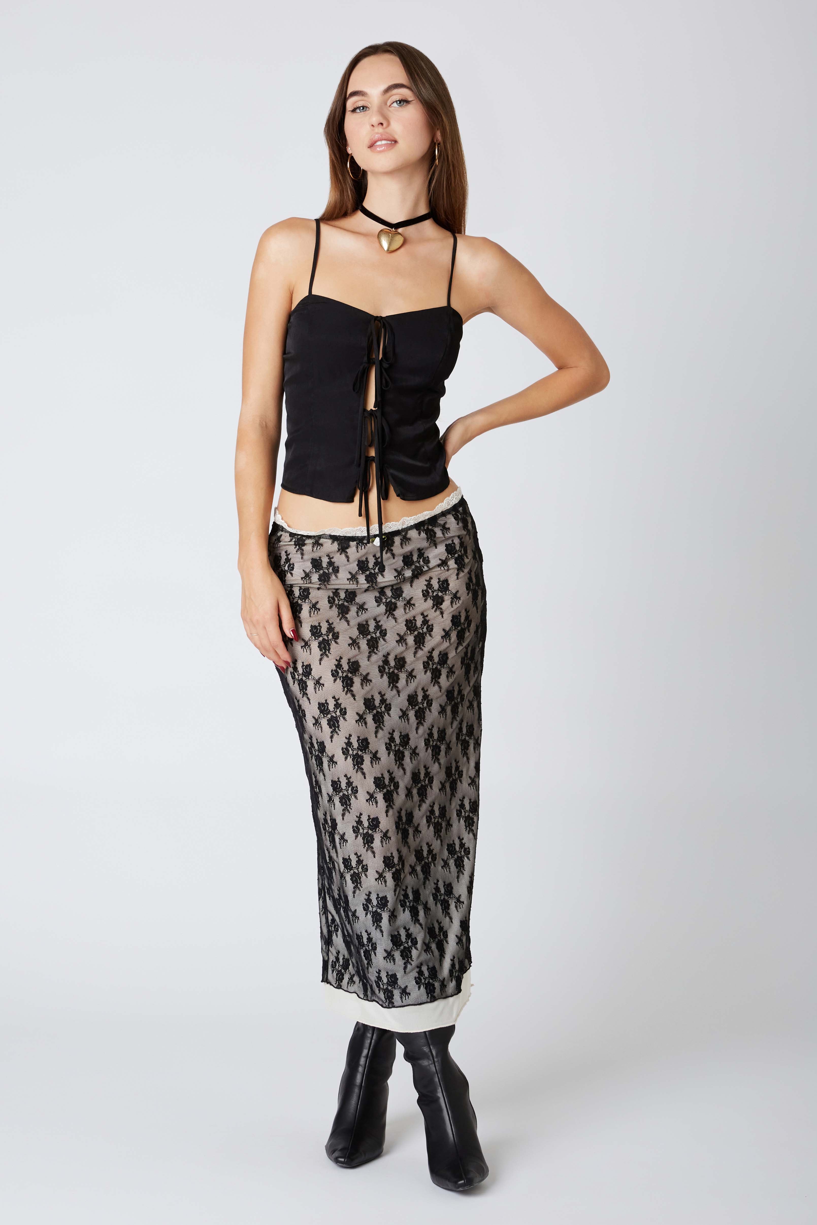 Lace Overlay Midi Skirt in Black Front View