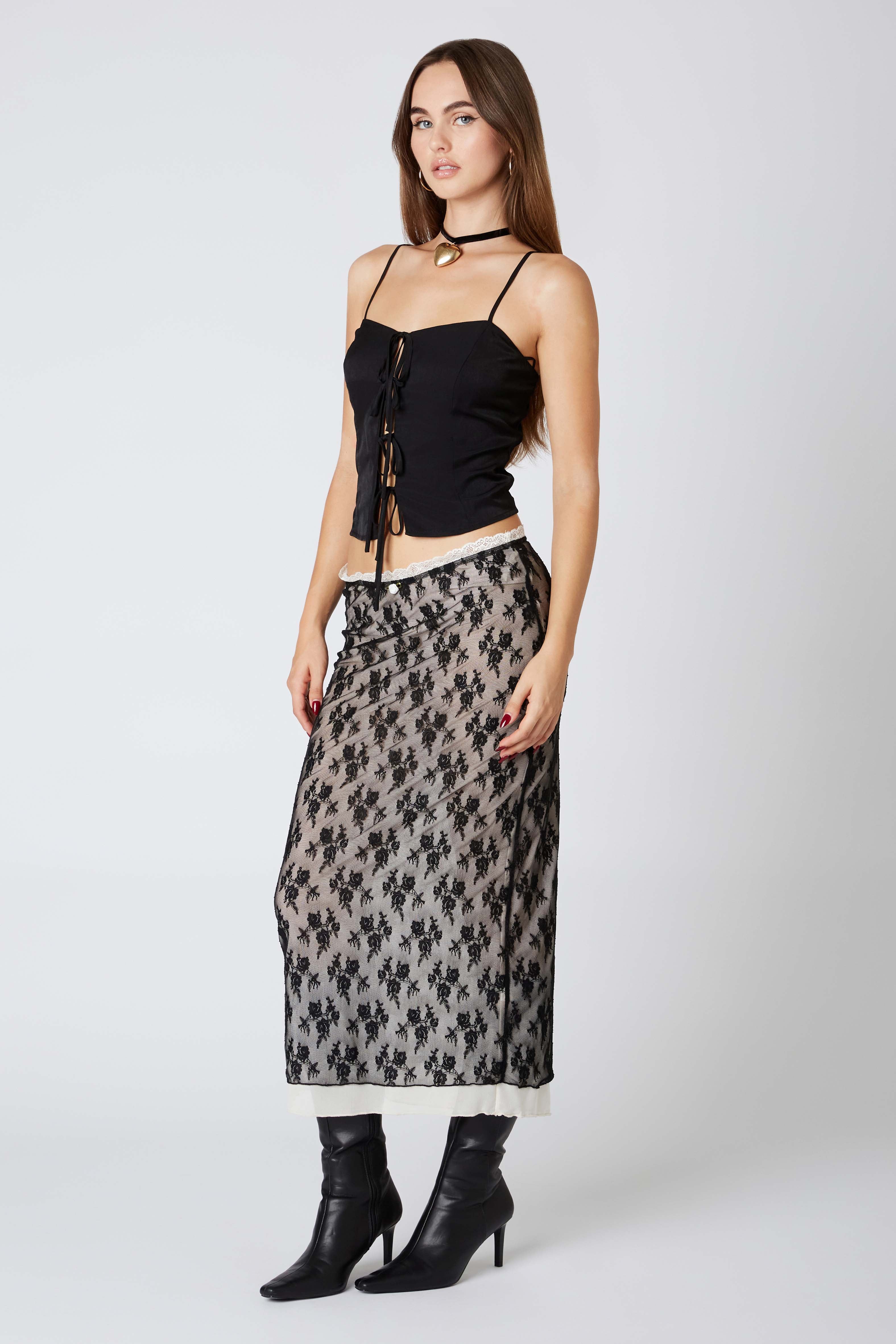 Lace Overlay Midi Skirt in Black Side View