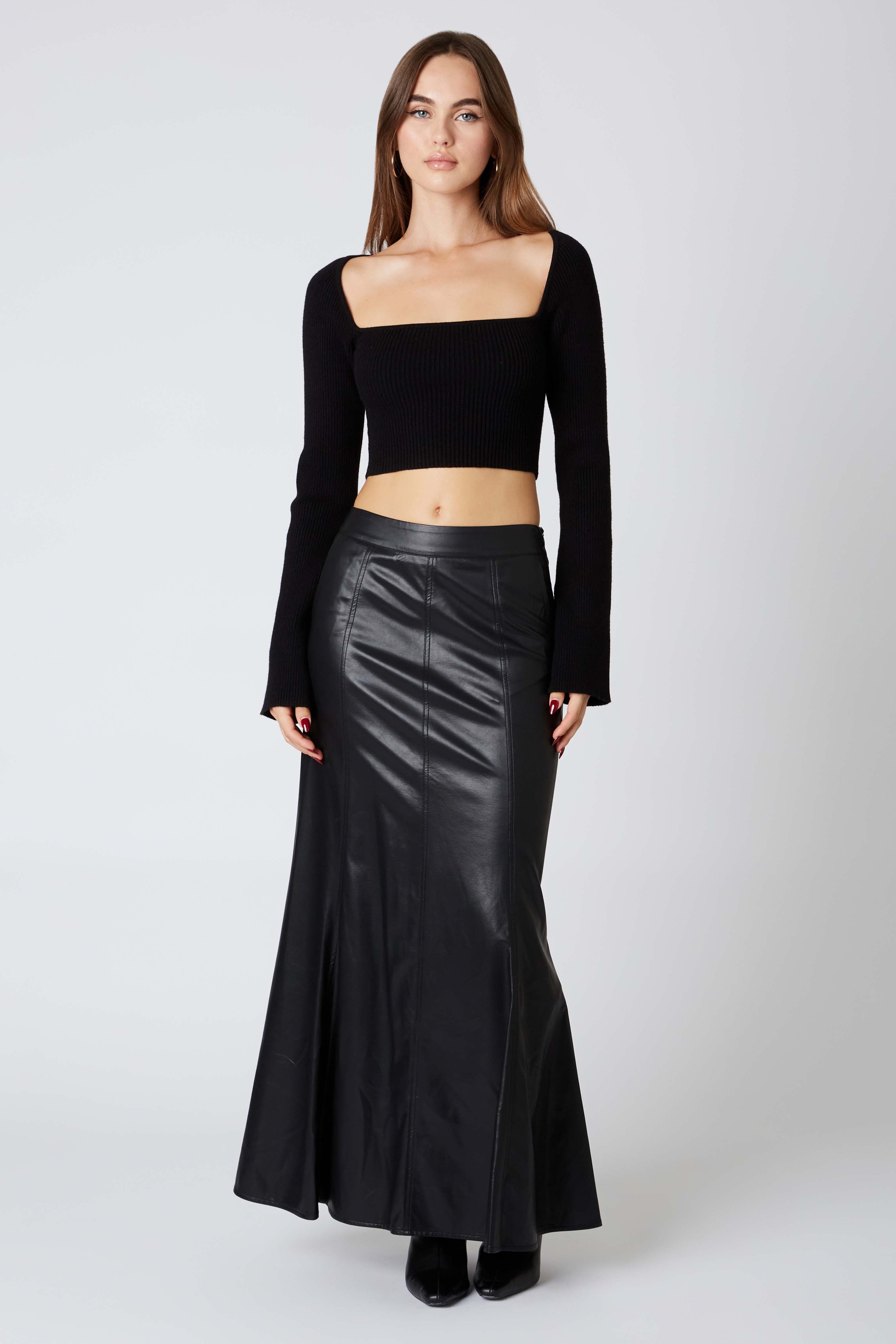 Leather Maxi Skirt in Black Front View