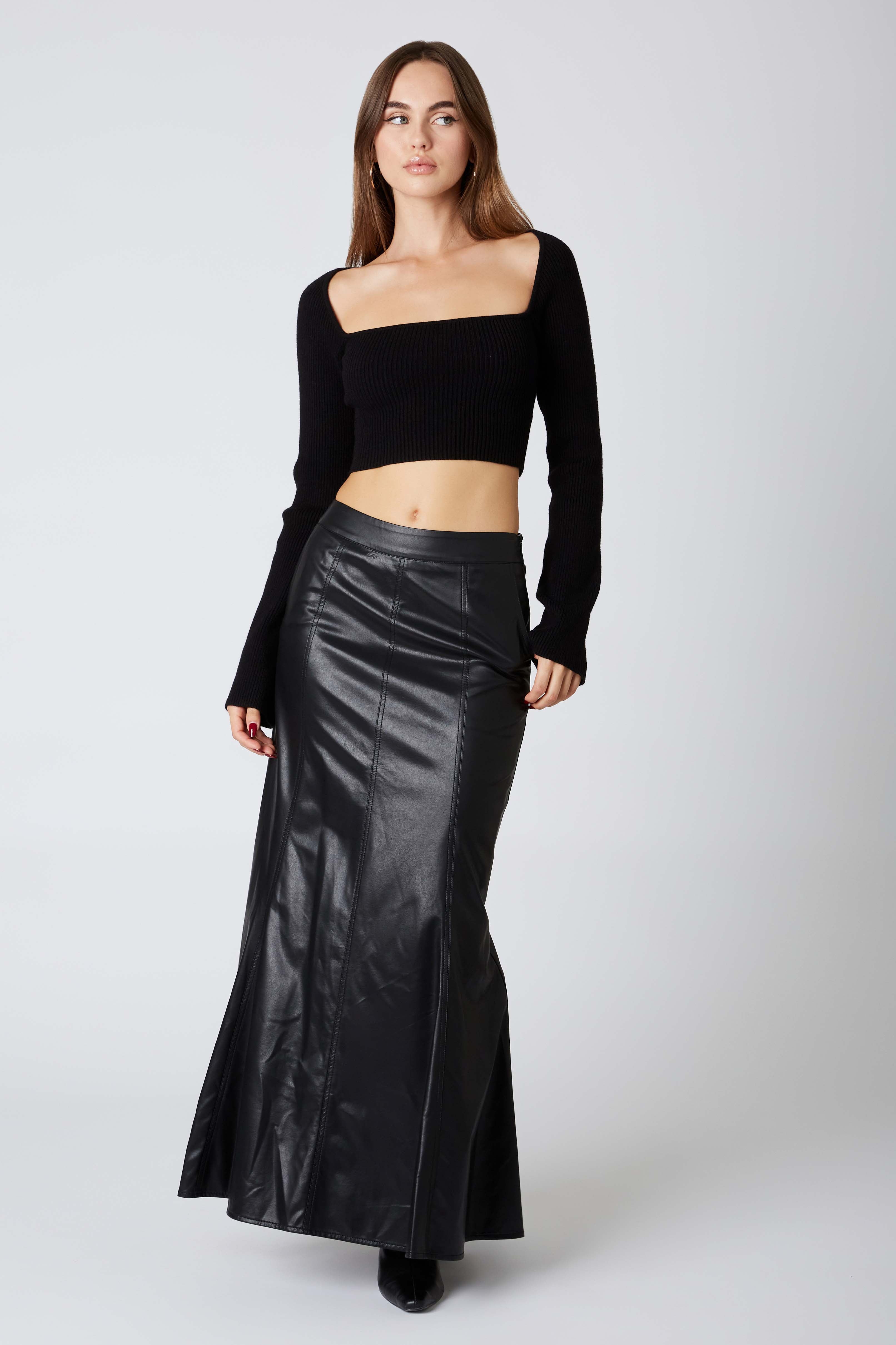 Leather Maxi Skirt in Black Front View