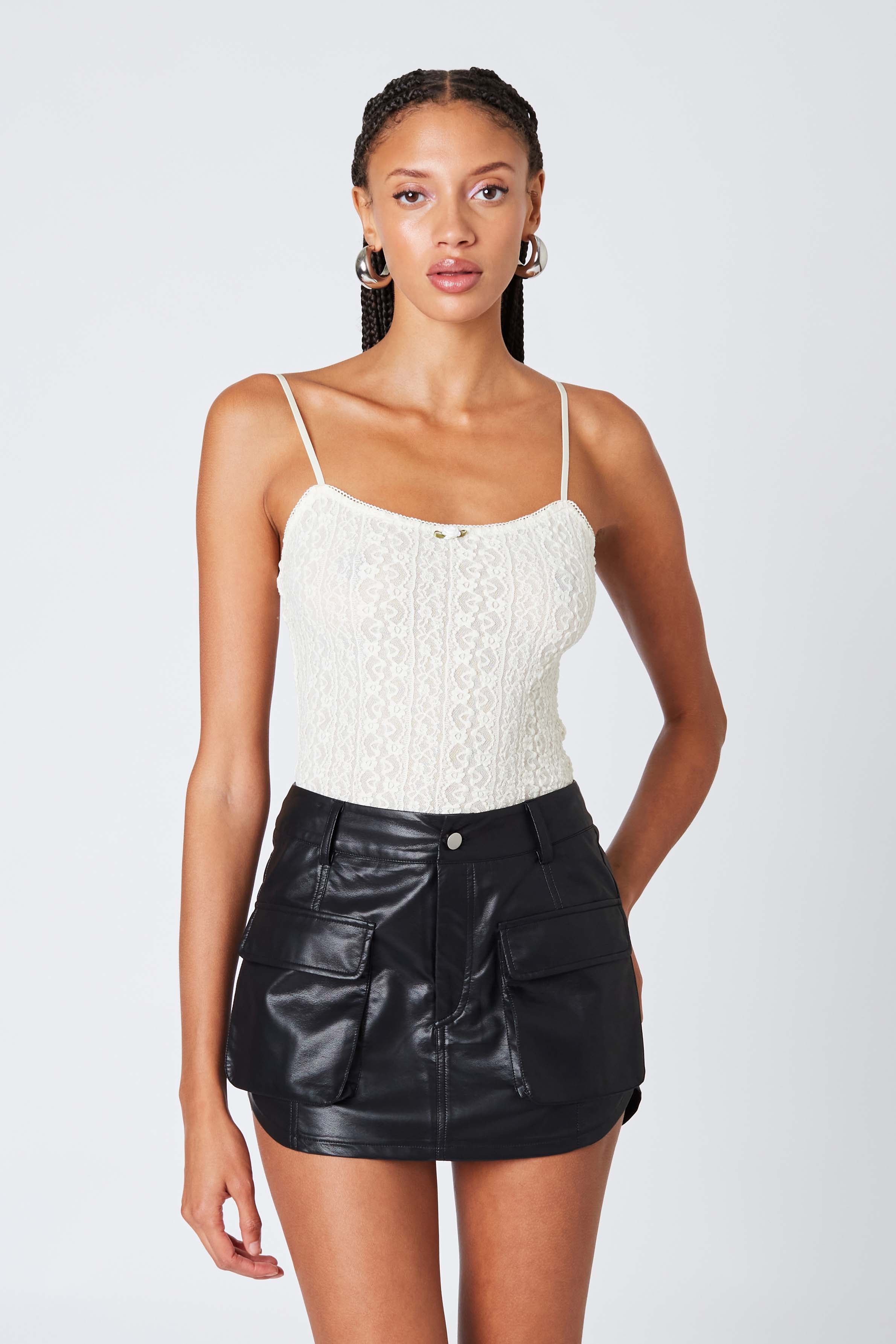 Faux Leather Cargo Mini Skirt in Black Front View