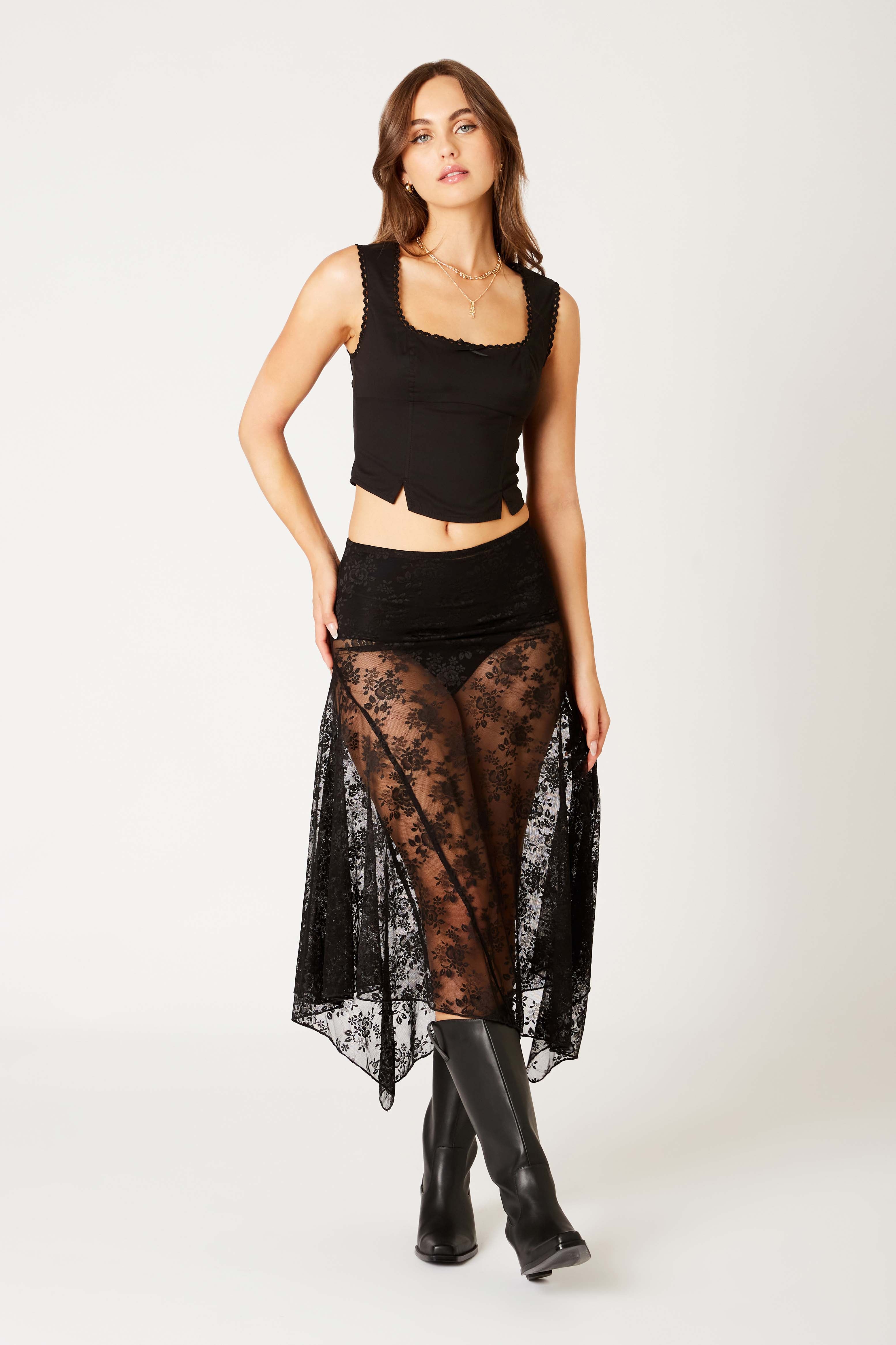 Lace Asymmetrical Midi Skirt in black front view