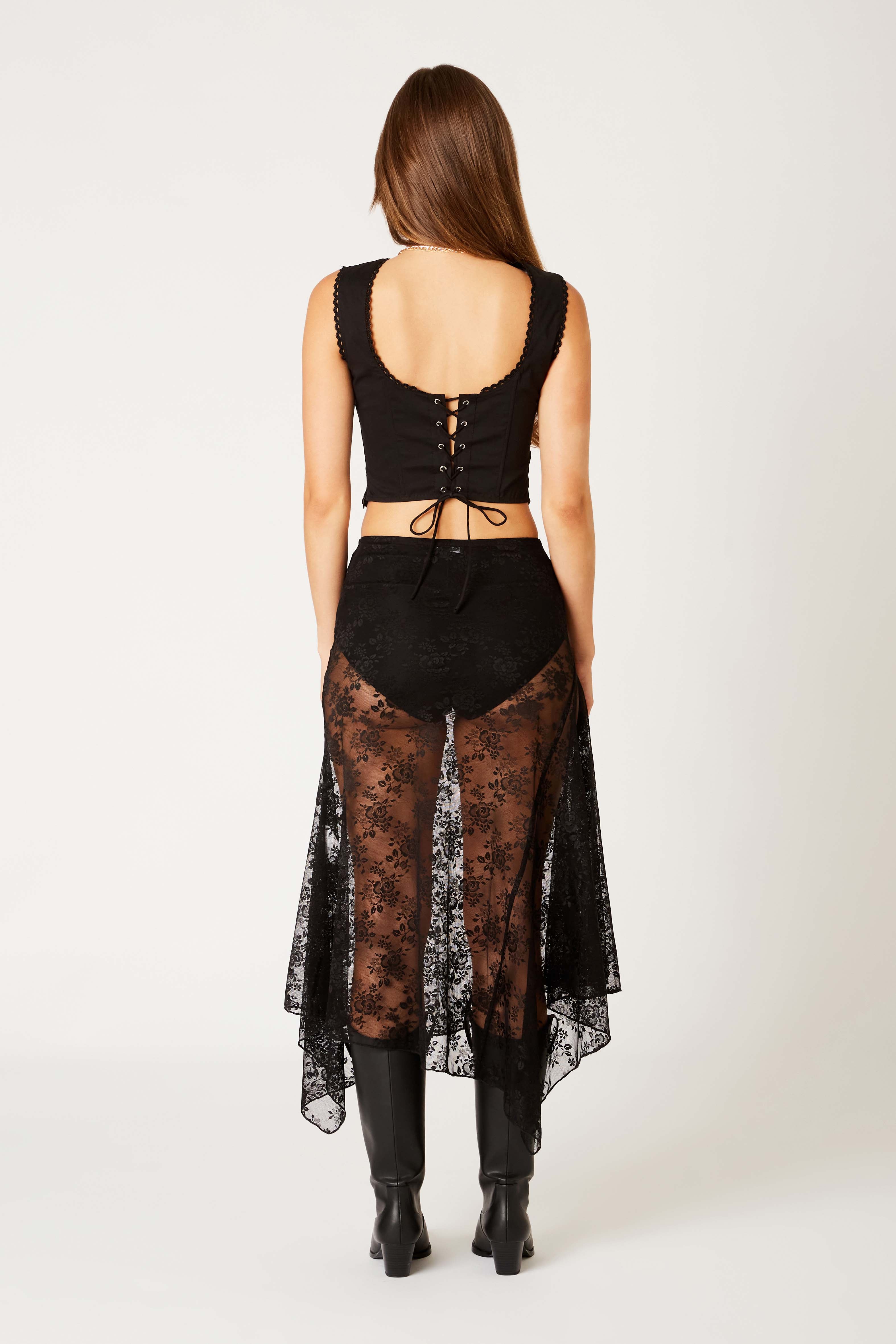 Lace Asymmetrical Midi Skirt in black back view