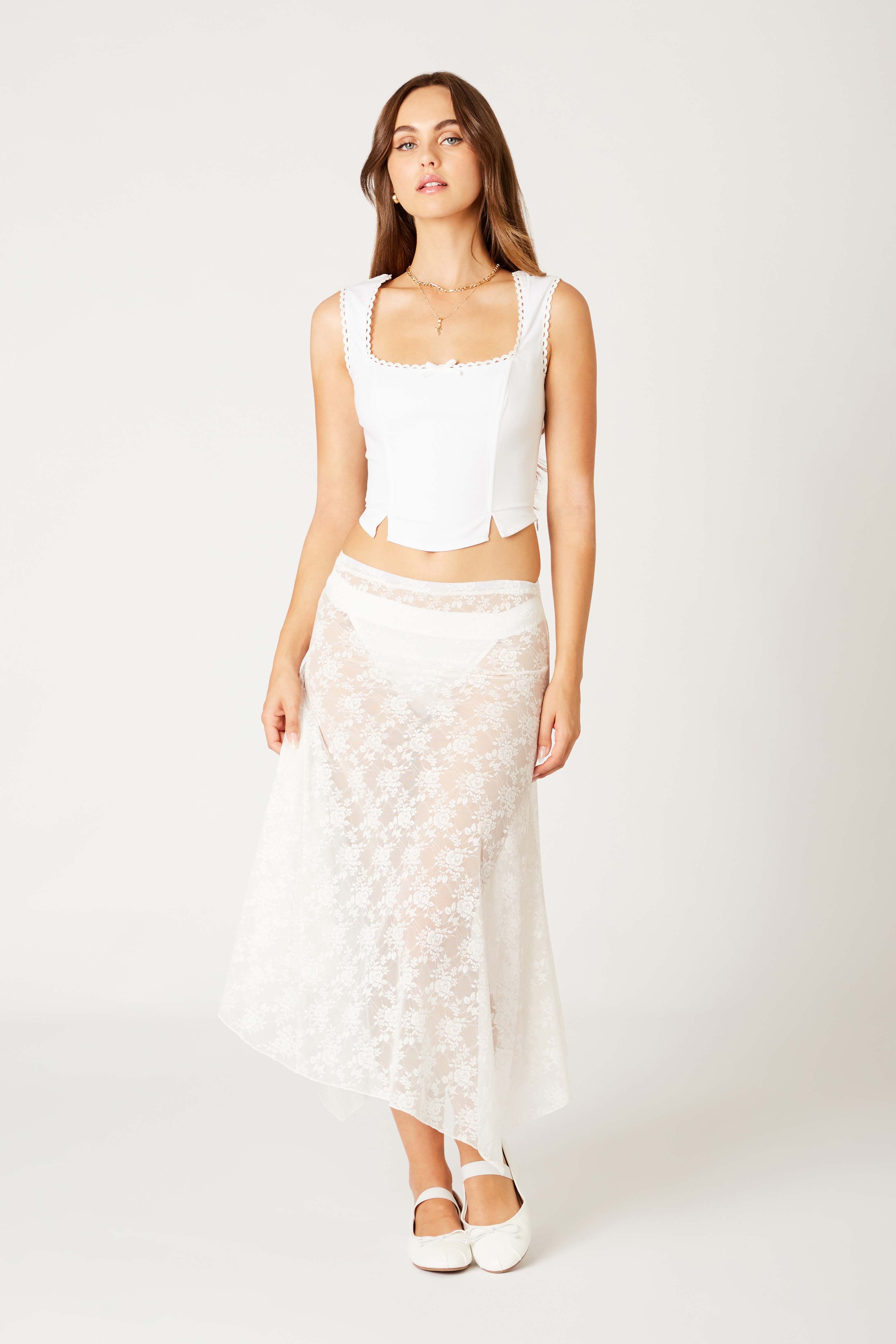 Lace Asymmetrical Midi Skirt in white front view