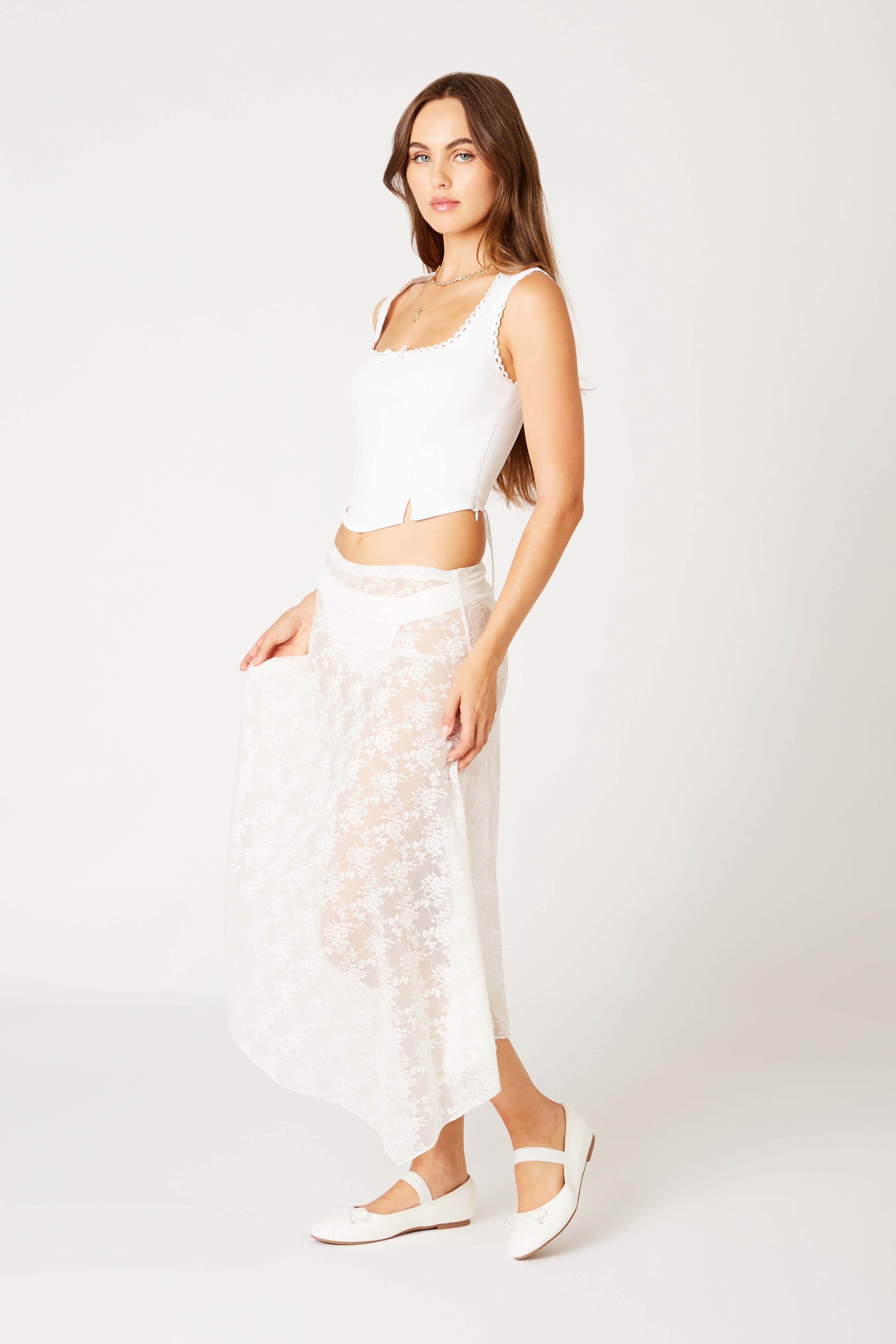 Lace Asymmetrical Midi Skirt in white side view