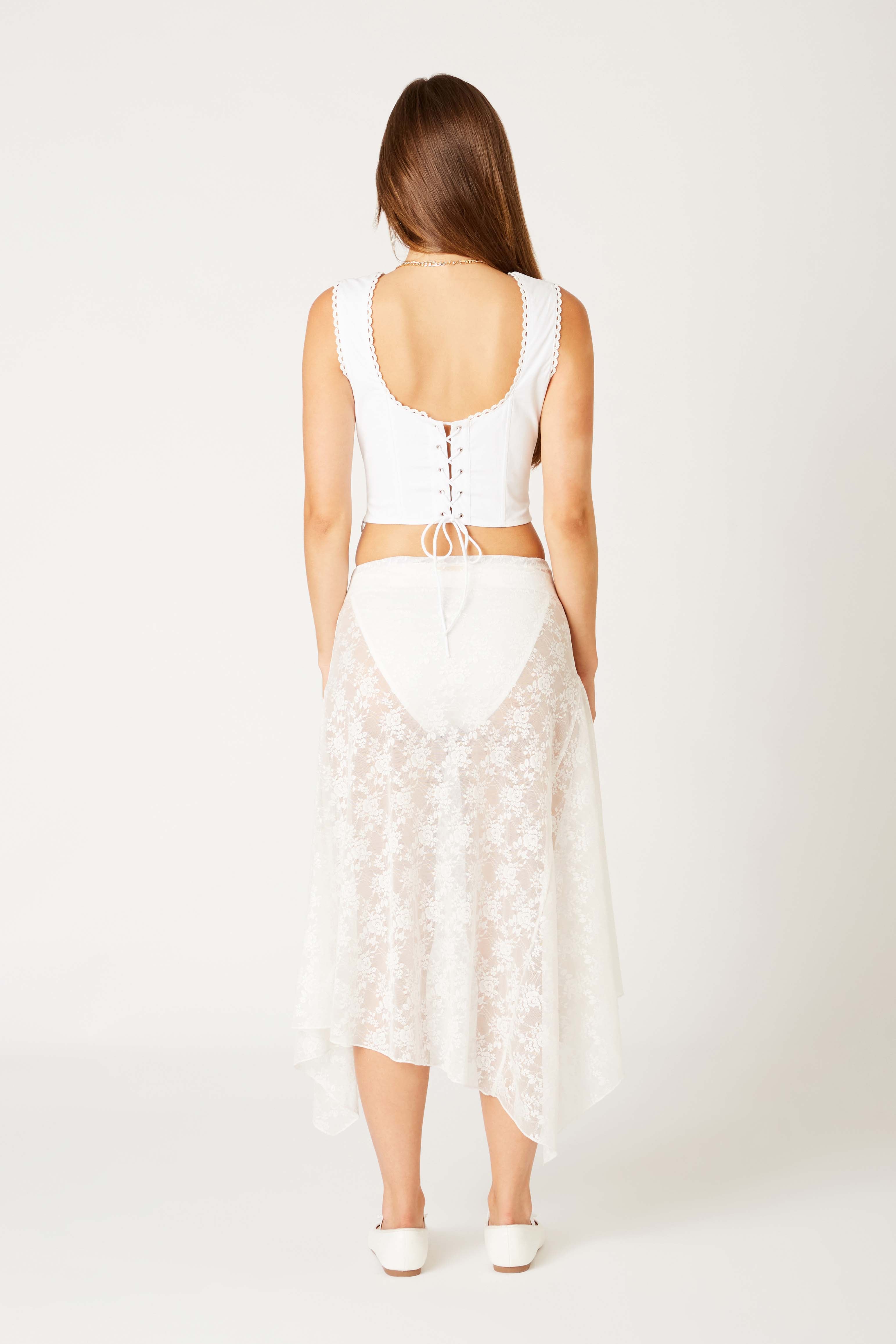 Lace Asymmetrical Midi Skirt in white back view