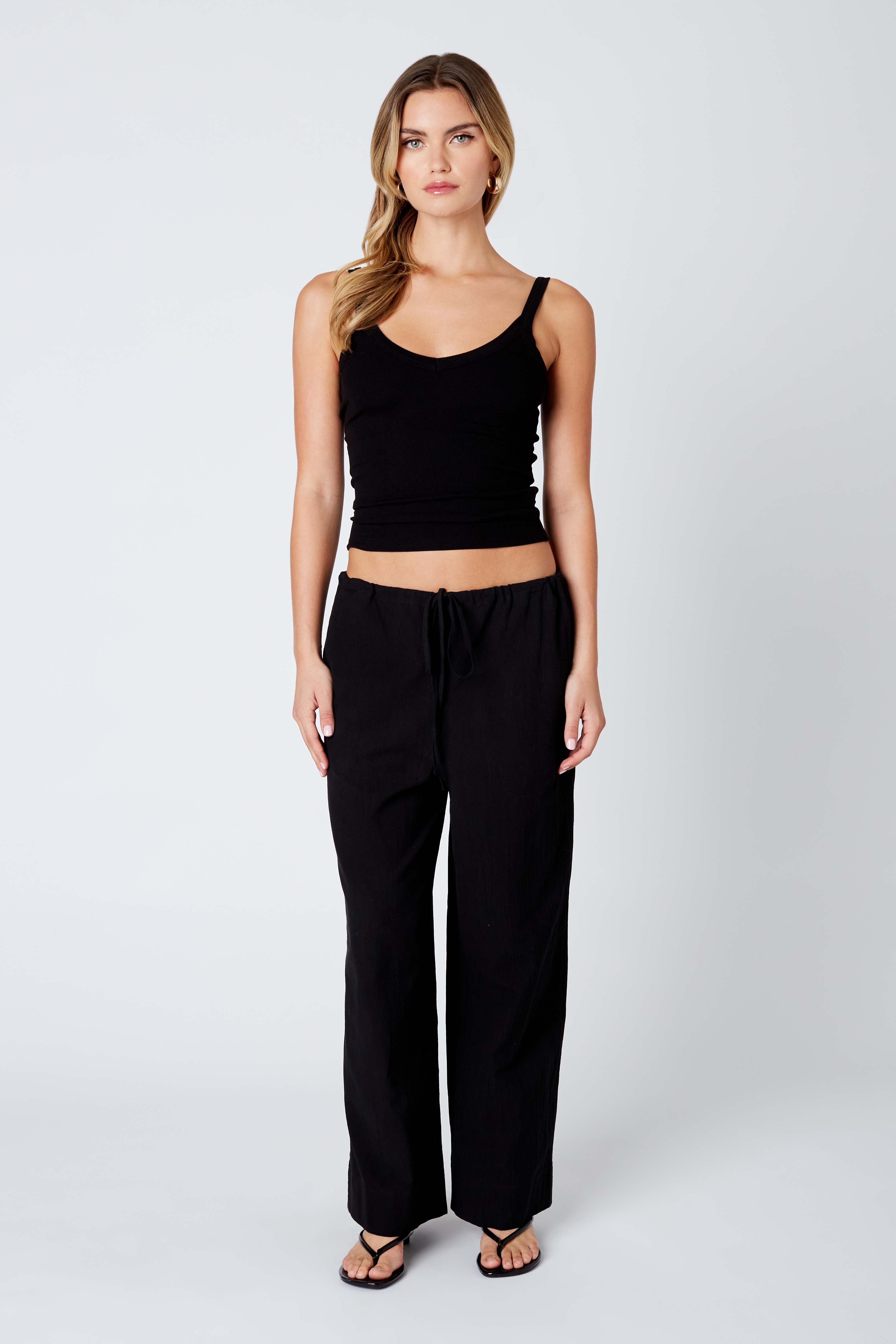 Linen Drawstring Pant in Black Front View