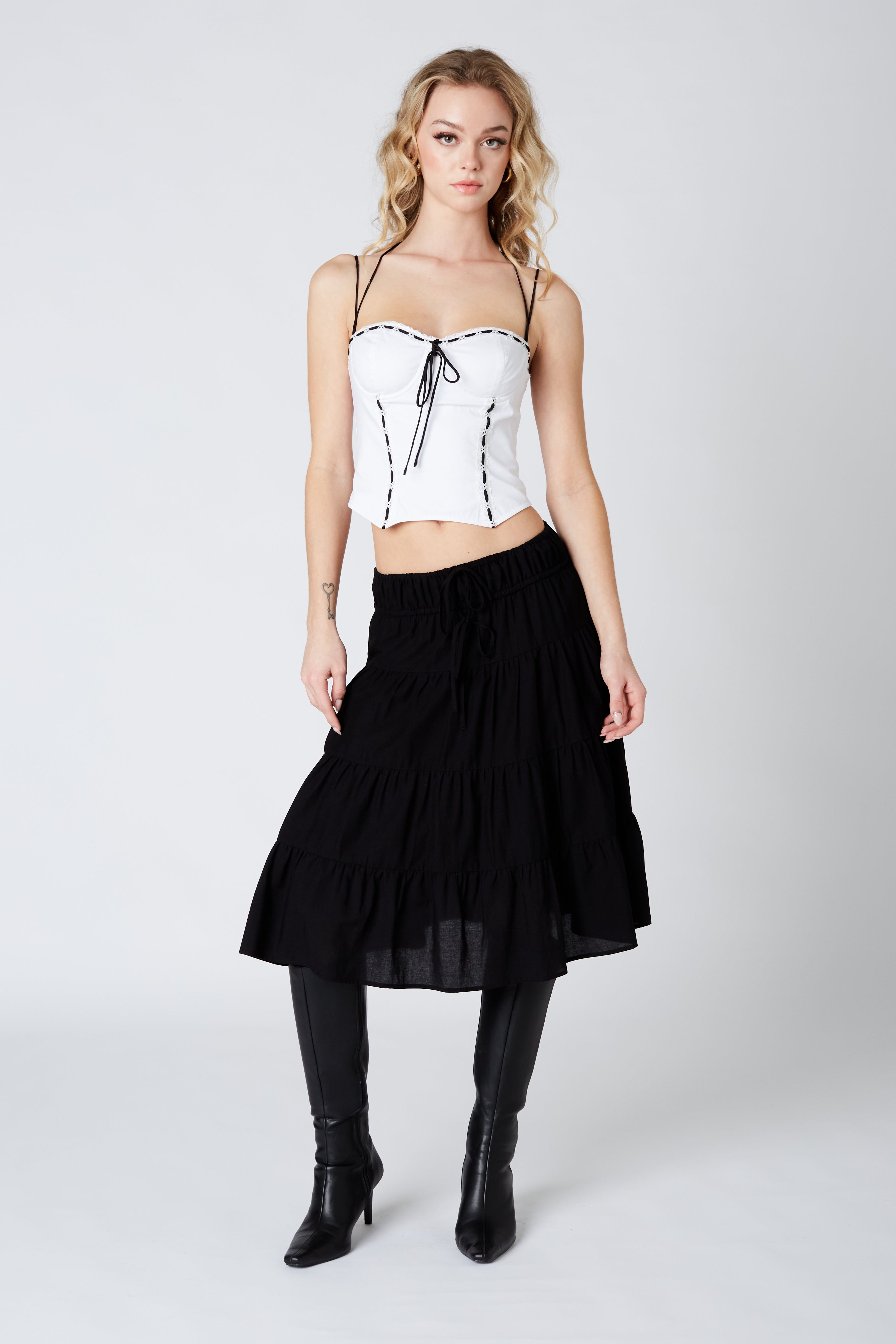 Tiered Midi Skirt in Black Front View