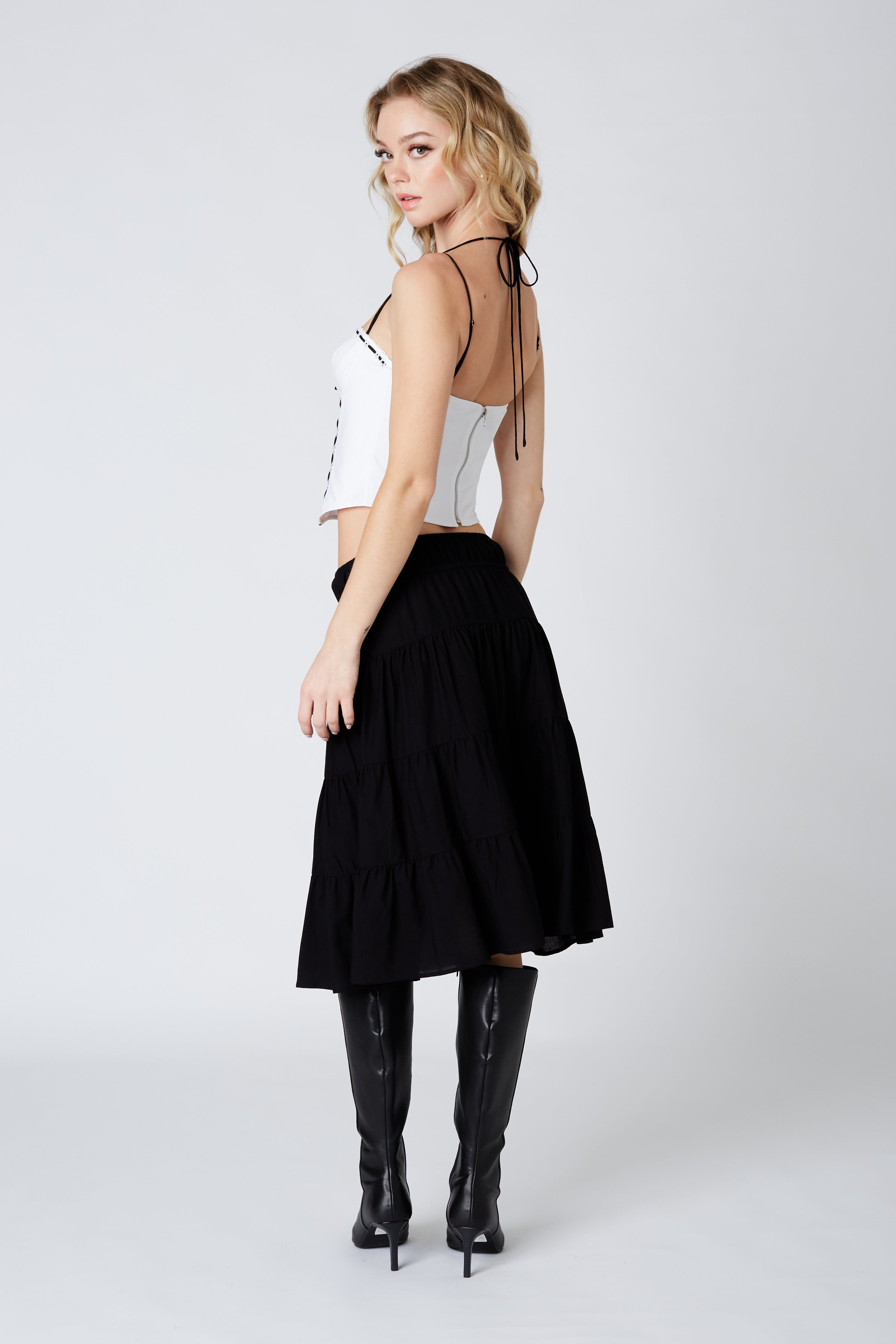 Tiered Midi Skirt in Black Back View