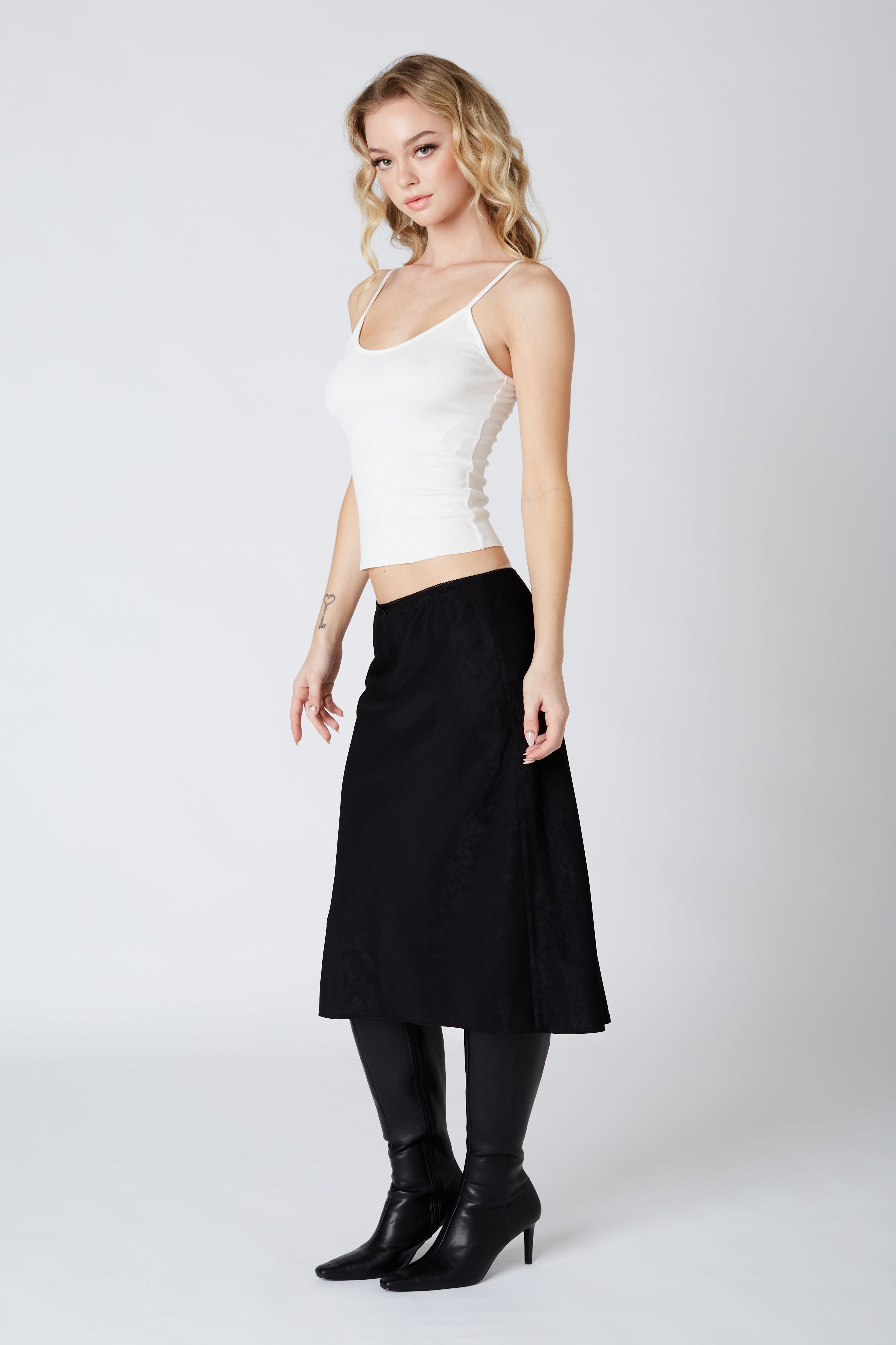 Knee Length Bias Skirt in black side view
