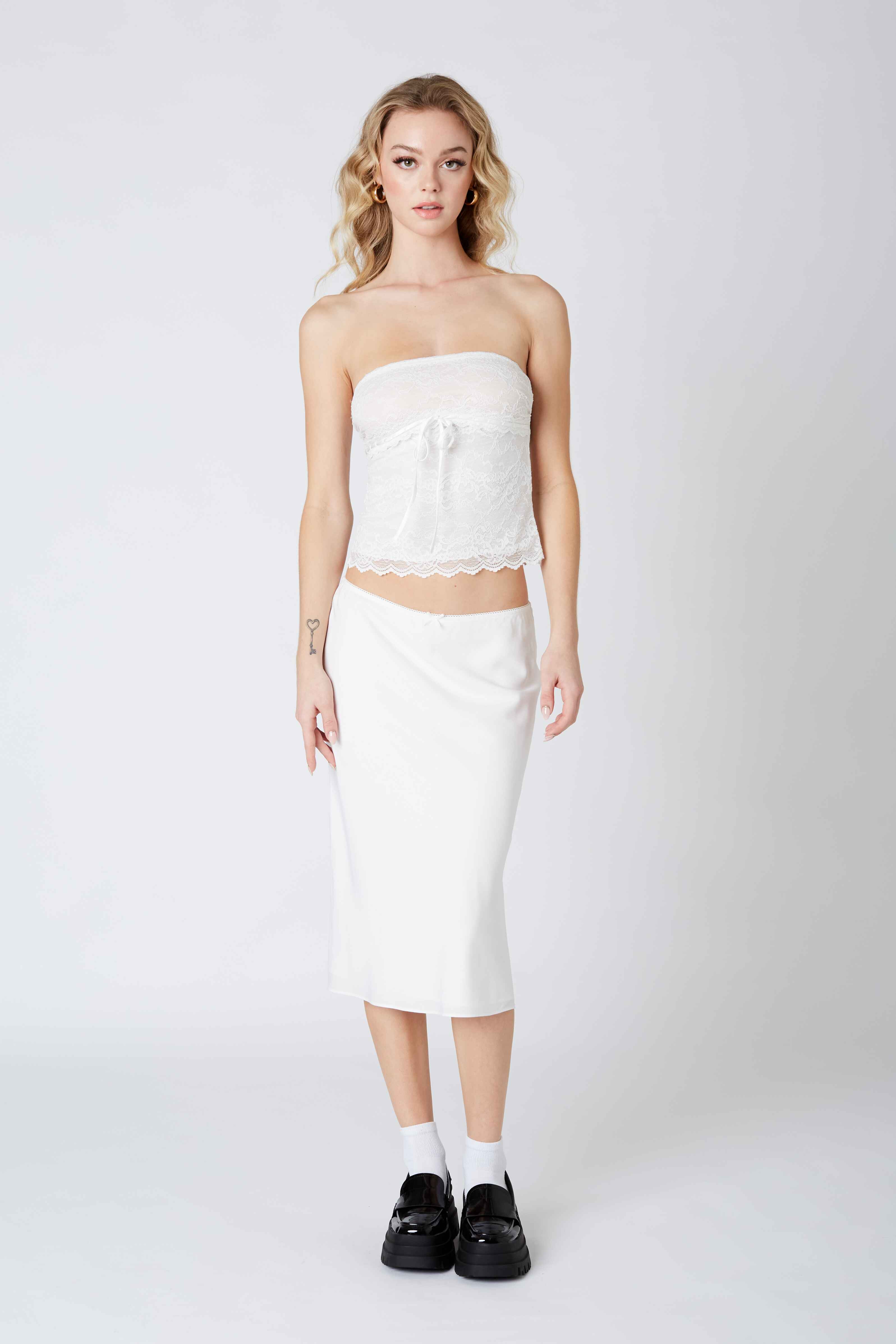 Knee Length Bias Skirt in white front view