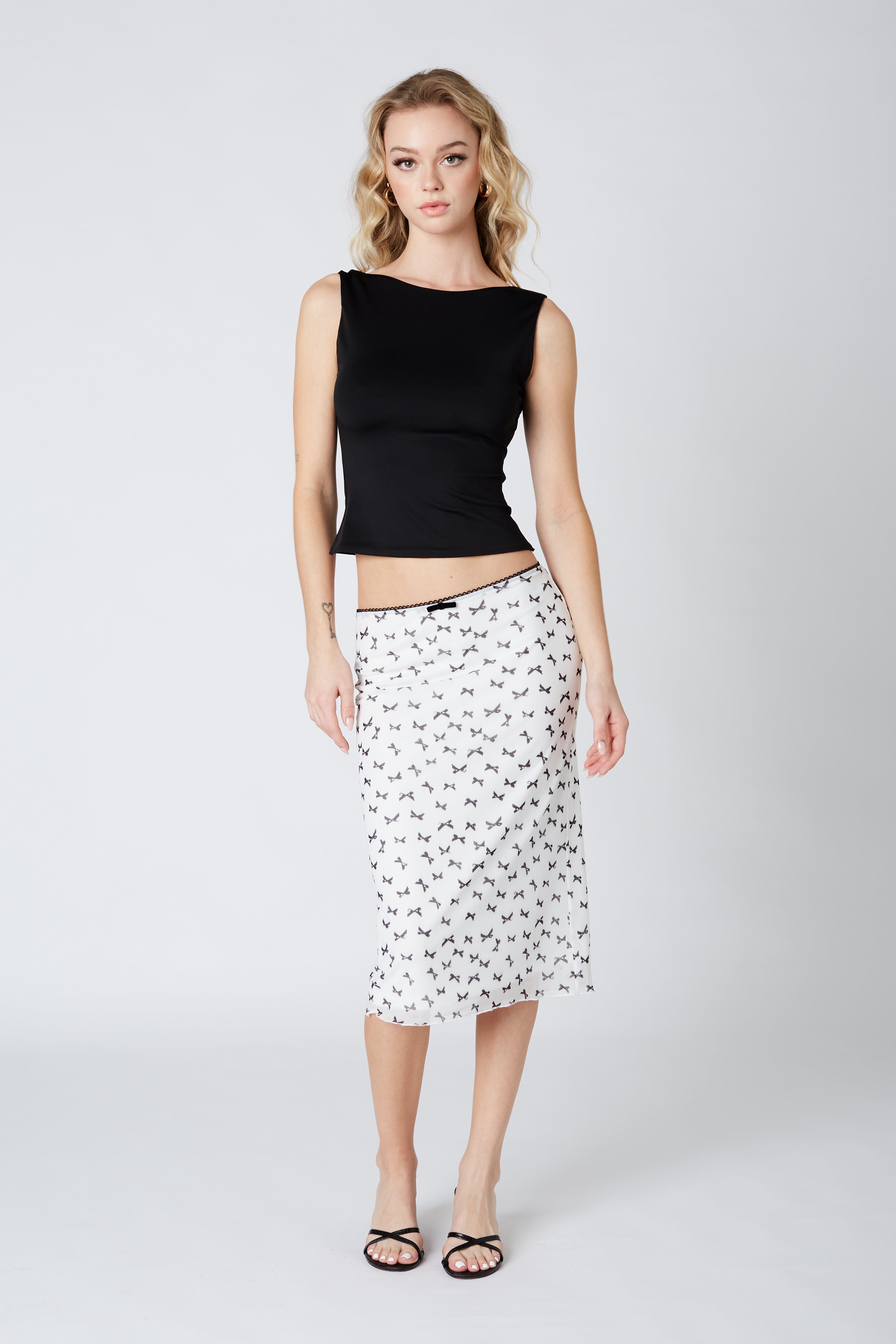 Bow Midi Skirt in White Black Front View