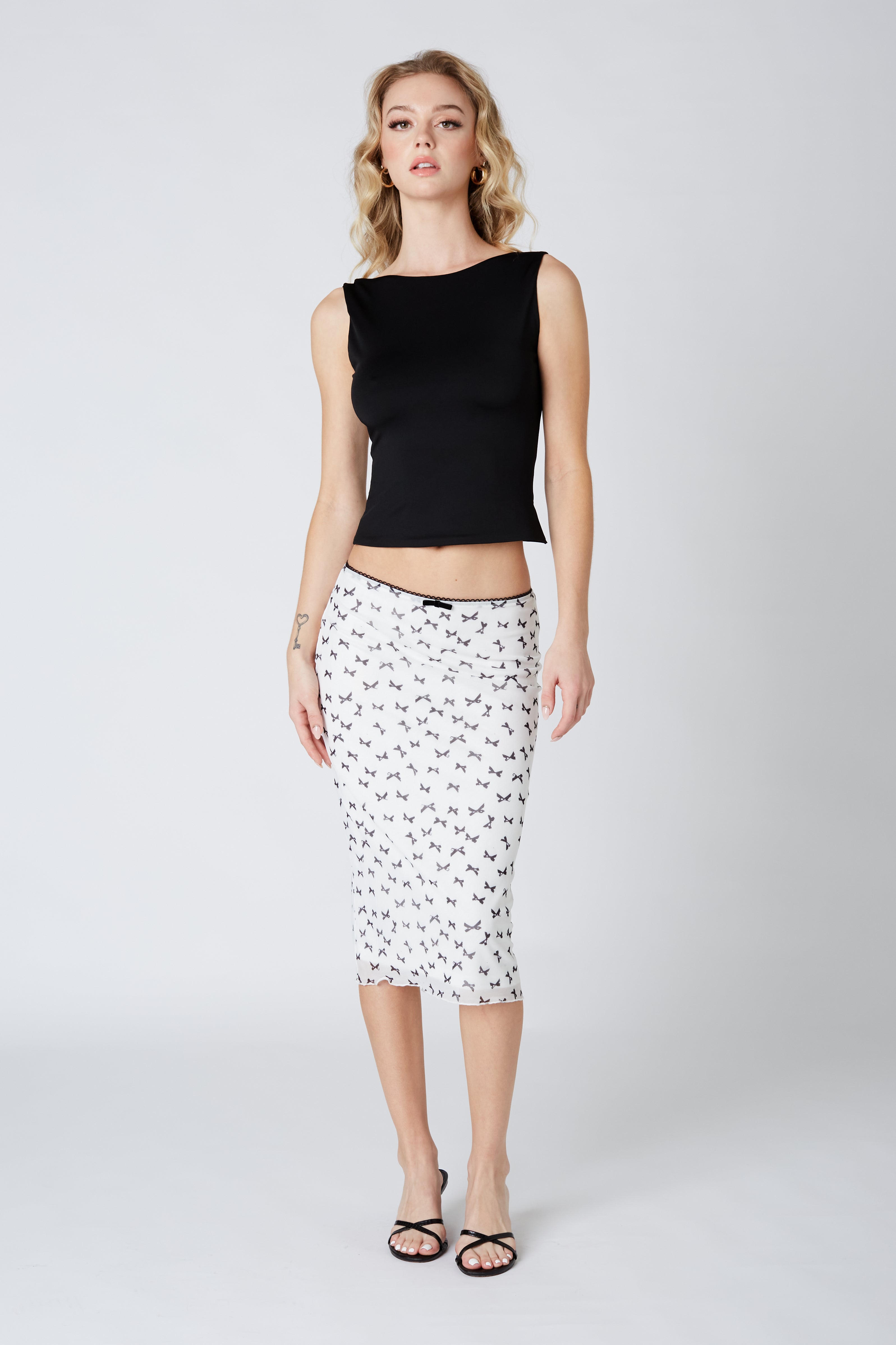 Bow Midi Skirt in White Black Front View