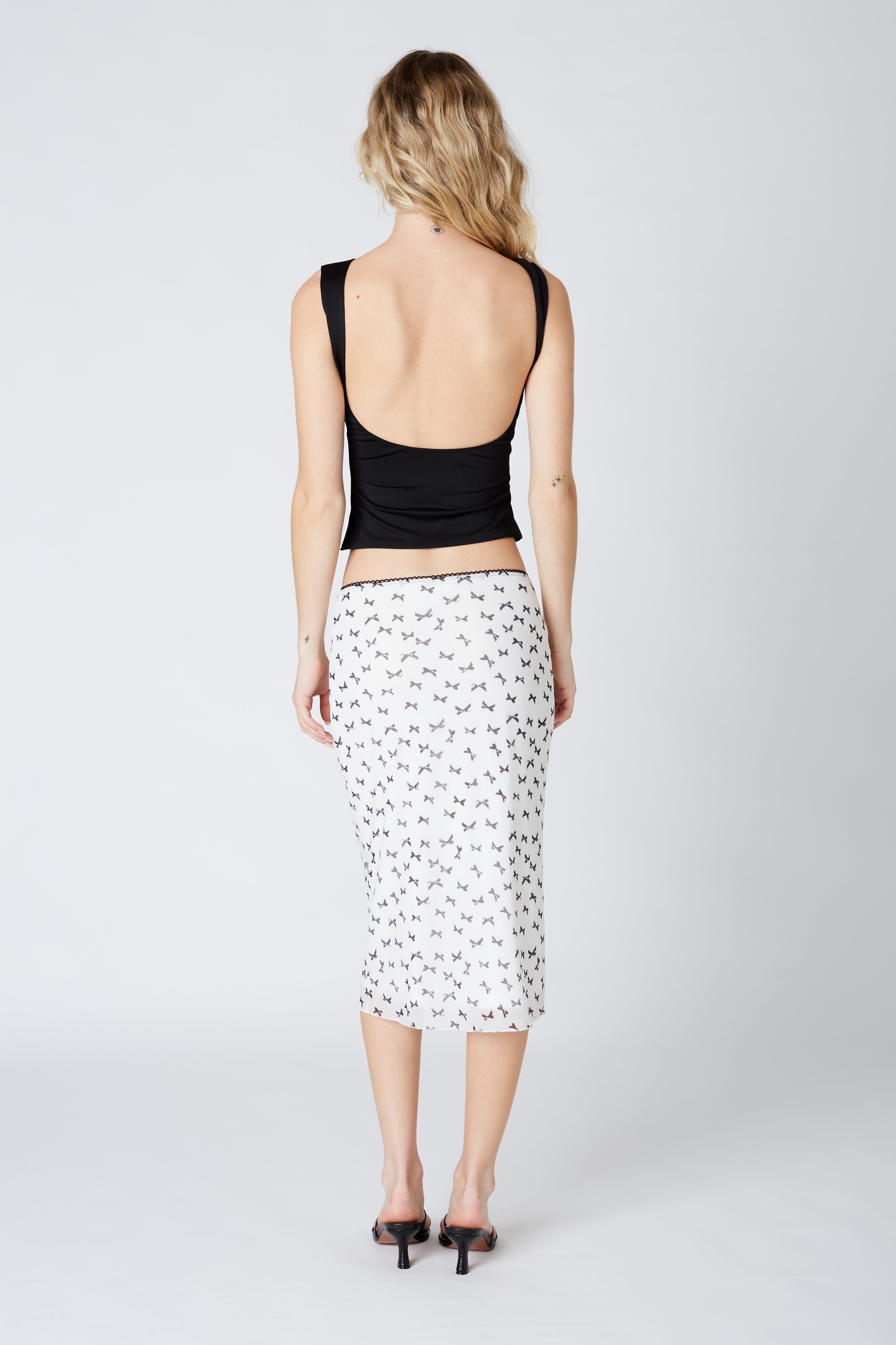 Bow Midi Skirt in White Black Back View