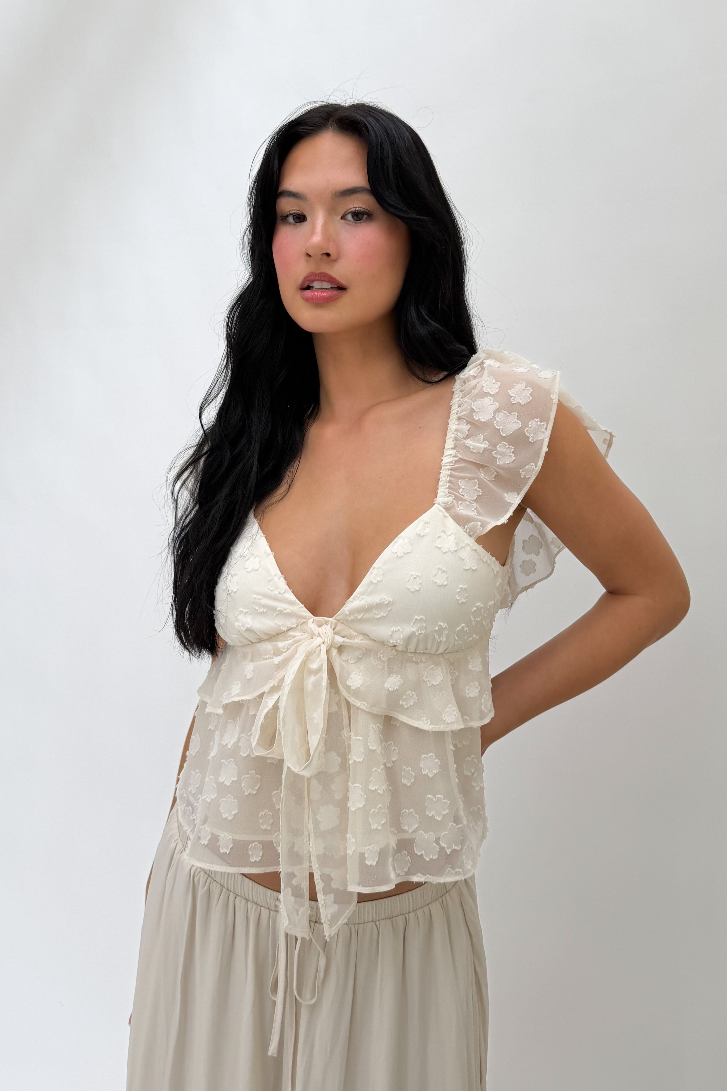 Flutter Sleeve Top in ecru front view