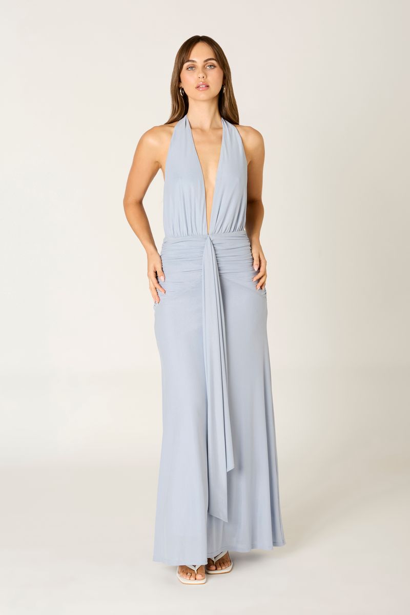 Jersey Halter Maxi Dress in slate blue front view